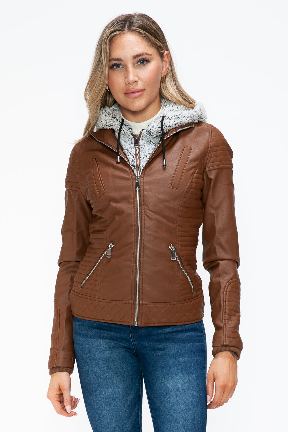 Blue Zone Planet | YMI Faux Layered Double-Zipper Jacket with Fuzzy Hood-TOPS / DRESSES-[Adult]-[Female]-Rust-S-2022 Online Blue Zone Planet