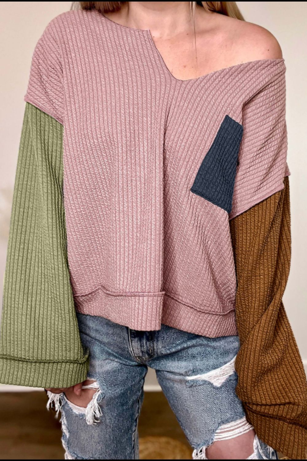 Blue Zone Planet | Color Block Textured Notched Long Sleeve Top-TOPS / DRESSES-[Adult]-[Female]-2022 Online Blue Zone Planet