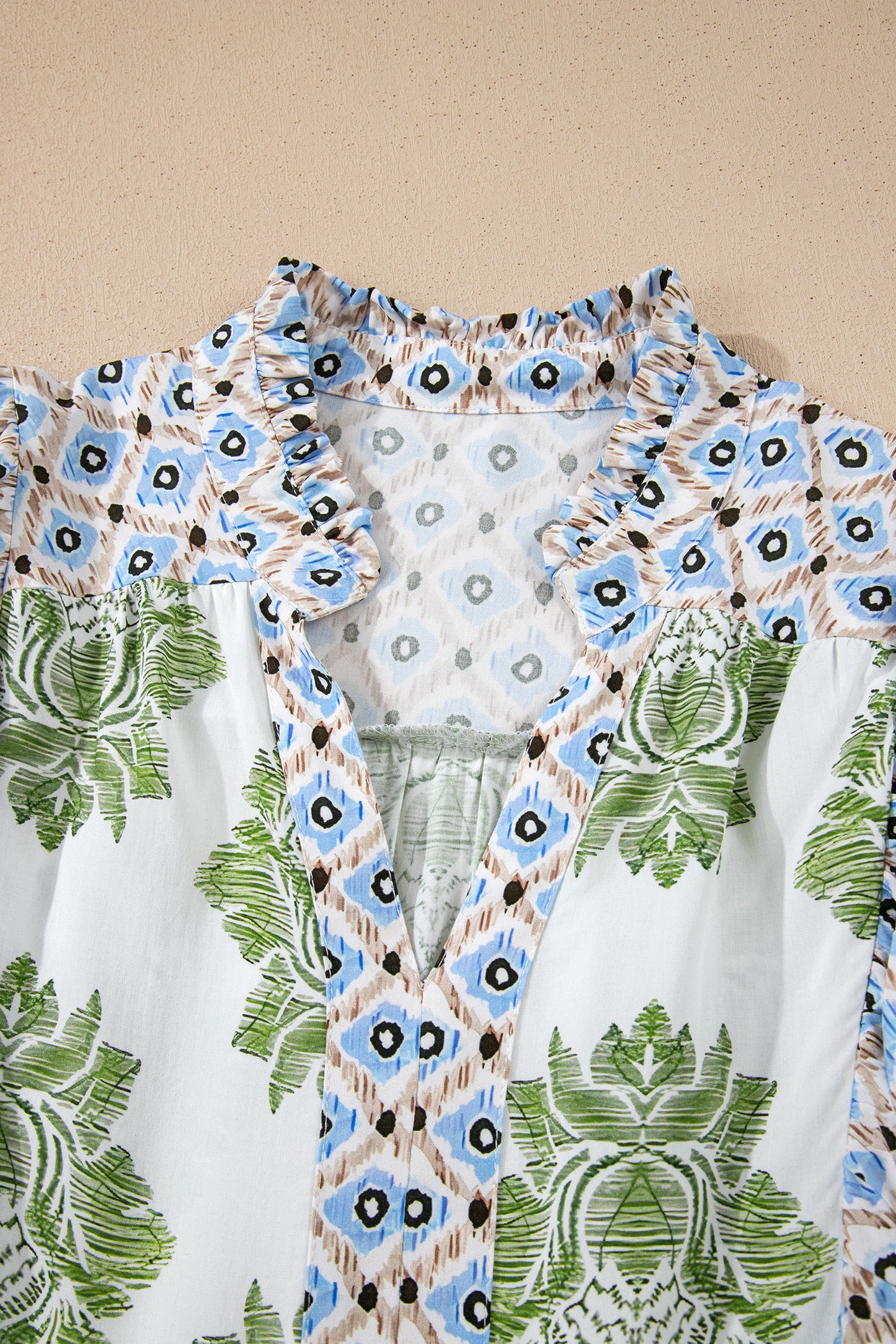 Green Floral Print Contrast Patchwork Ruffle Detail Mini Dress-TOPS / DRESSES-[Adult]-[Female]-2022 Online Blue Zone Planet