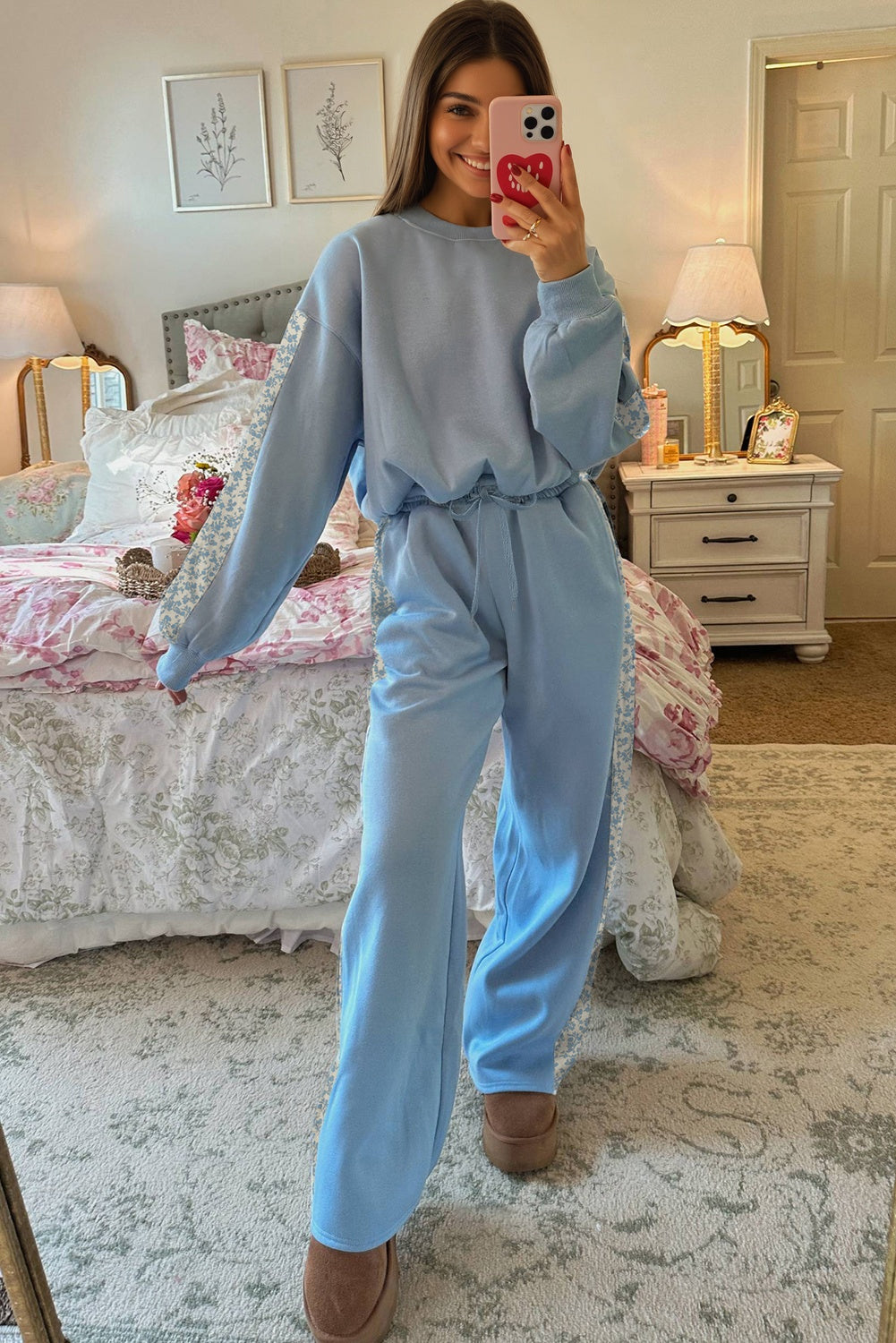 Beau Blue Floral Patchwork Drop Shoulder Pullover and Sweatpants Lounge Set-Loungewear & Sleepwear/Loungewear-[Adult]-[Female]-2022 Online Blue Zone Planet