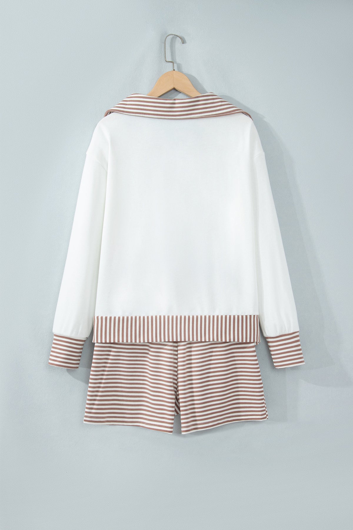 Khaki Stripe Color Block Patchwork Long Sleeve Top Drawstring Shorts Set-Two Piece Sets/Short Sets-[Adult]-[Female]-2022 Online Blue Zone Planet
