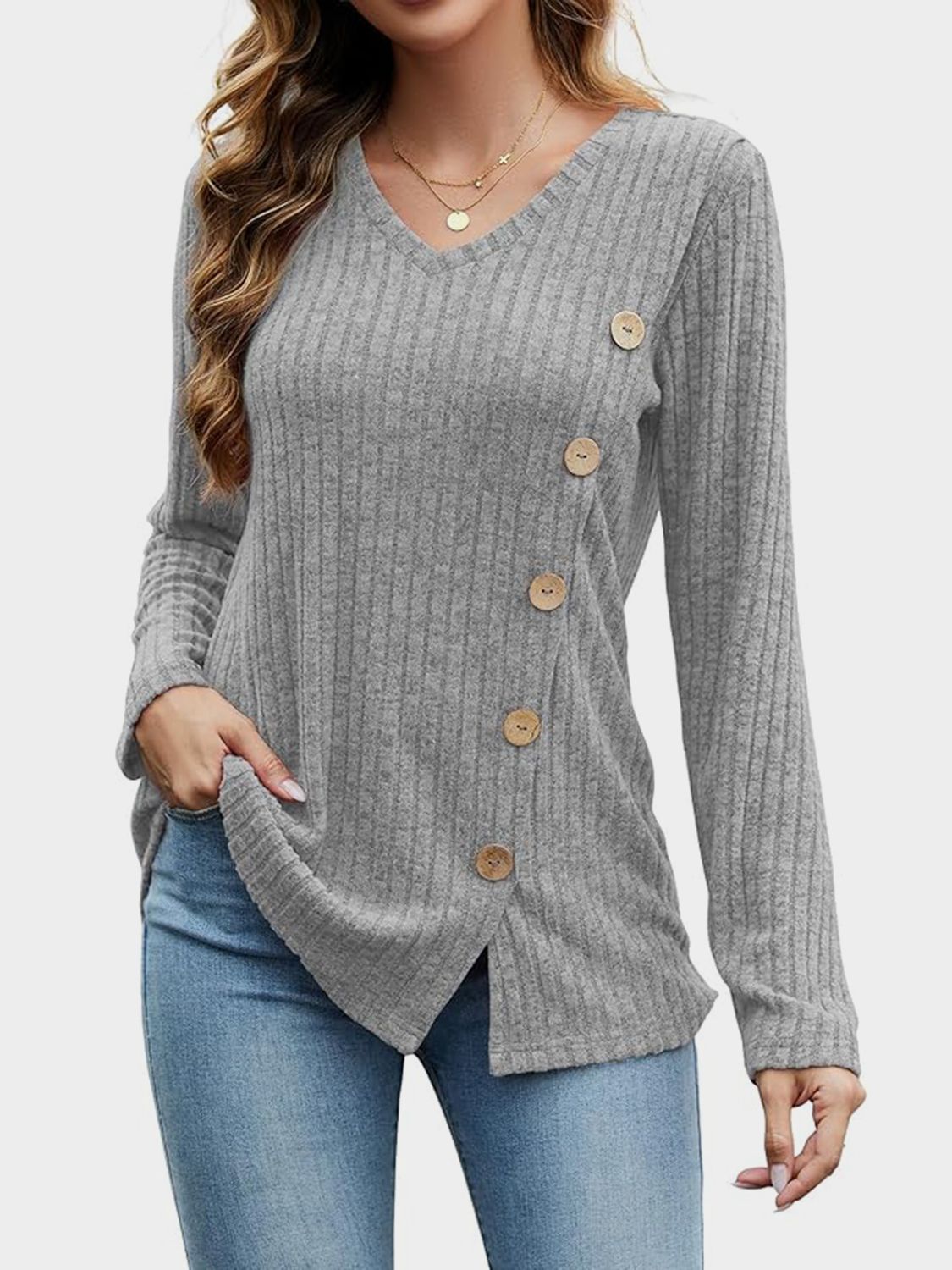 V-Neck Long Sleeve T-Shirt-TOPS / DRESSES-[Adult]-[Female]-Gray-S-2022 Online Blue Zone Planet