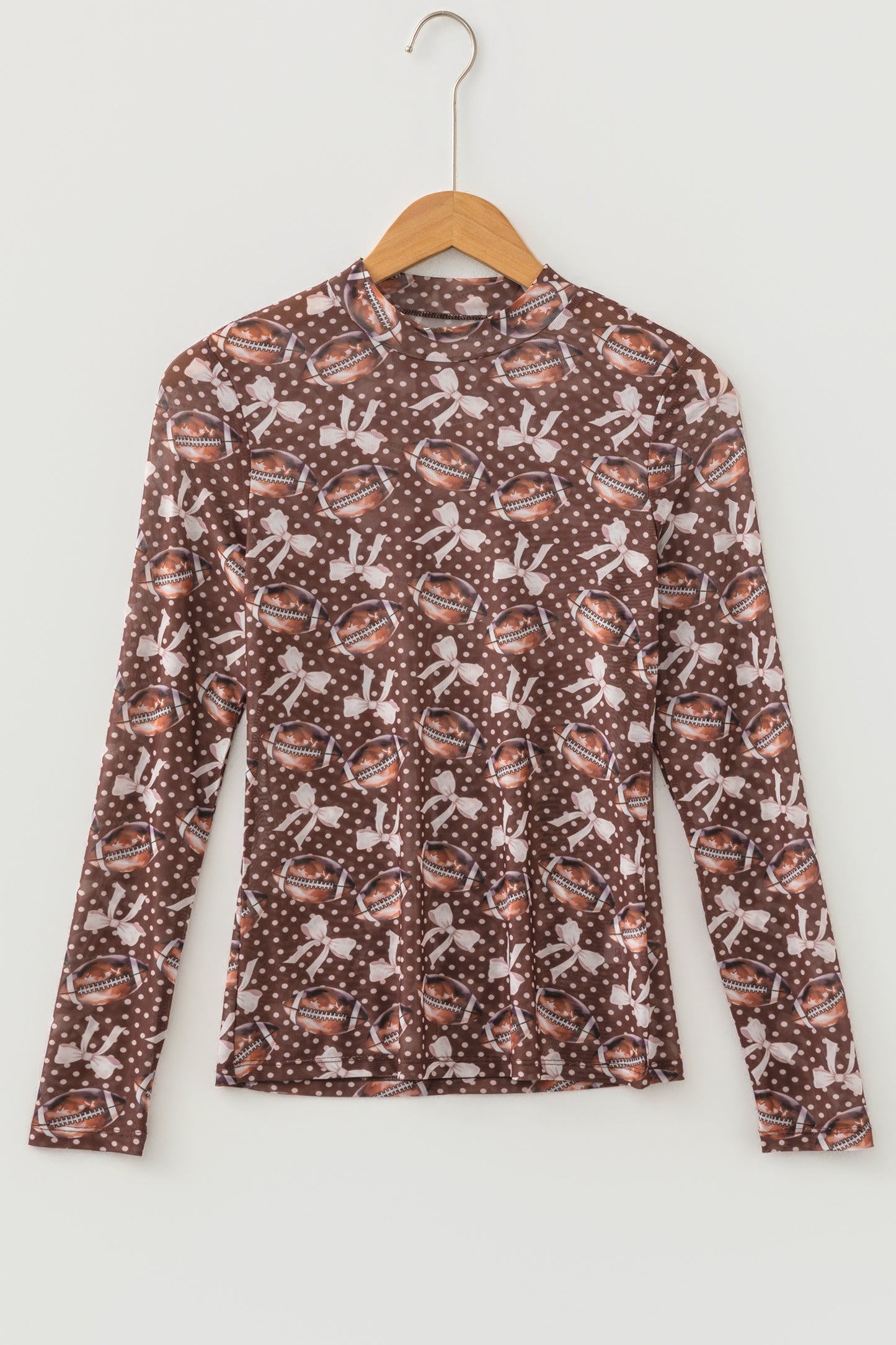 Brown Polka Dot Bow Printed Game Day Vibes Mesh Long Sleeve Top-Tops/Long Sleeve Tops-[Adult]-[Female]-2022 Online Blue Zone Planet