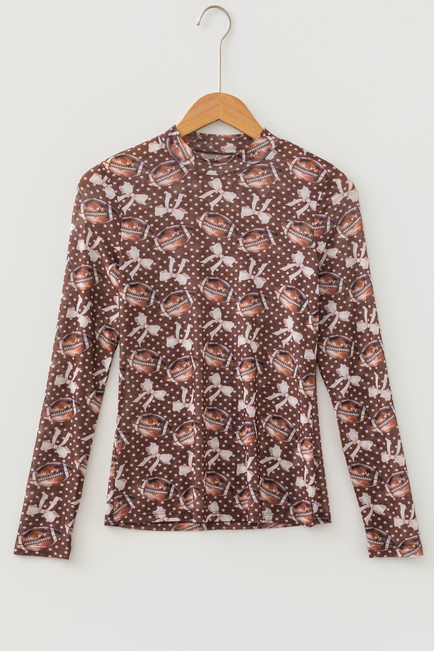 Brown Polka Dot Bow Printed Game Day Vibes Mesh Long Sleeve Top-Tops/Long Sleeve Tops-[Adult]-[Female]-2022 Online Blue Zone Planet