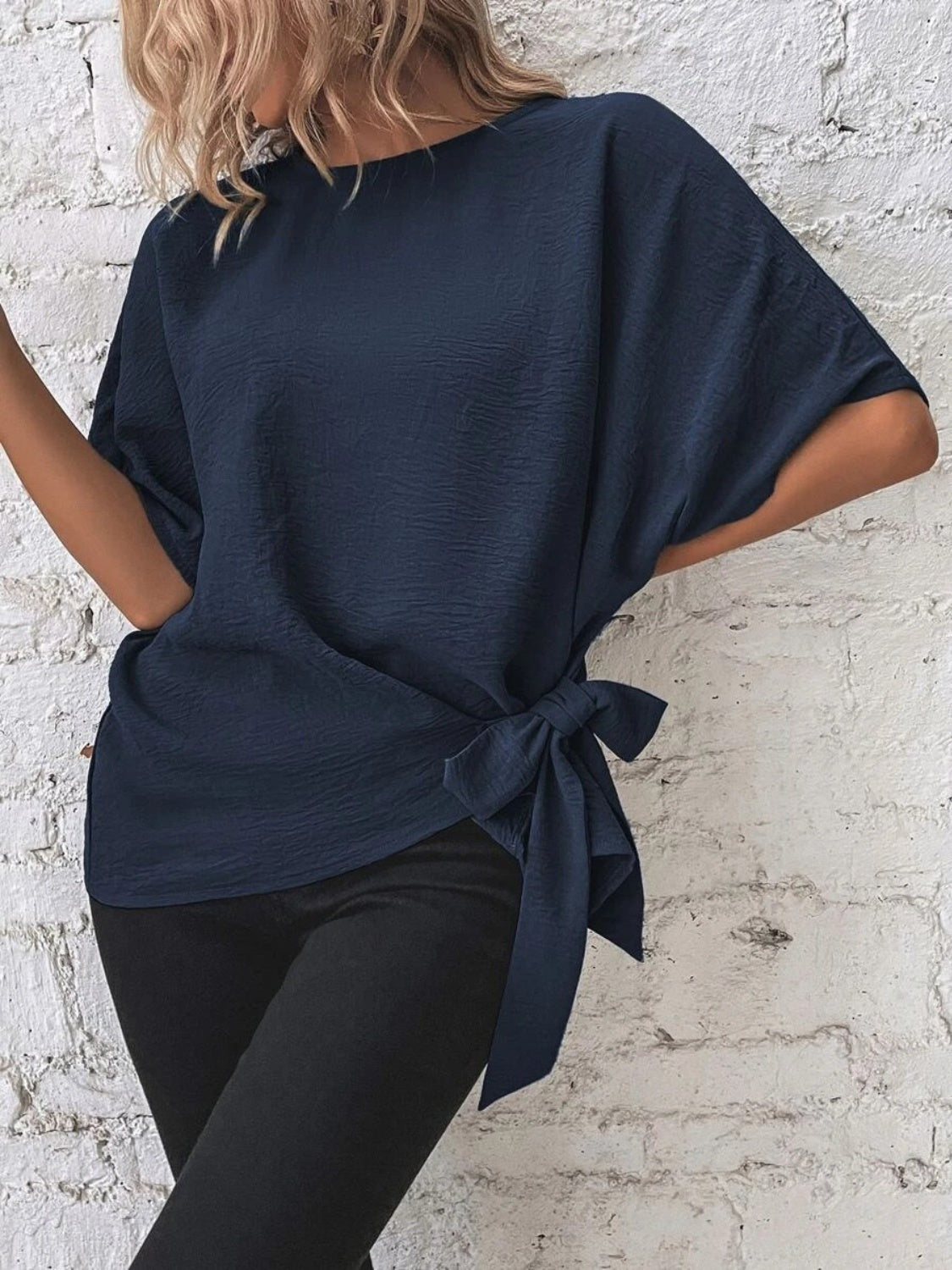 Knotted Round Neck Half Sleeve Blouse-TOPS / DRESSES-[Adult]-[Female]-Dark Blue-S-2022 Online Blue Zone Planet