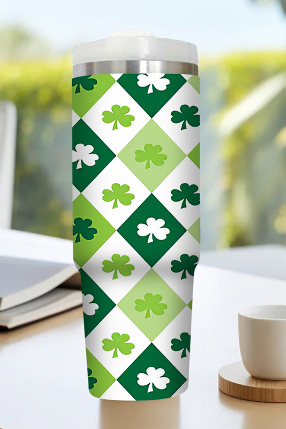 Green St Patricks Day Checkered Clover Tumbler Cup-Cups-[Adult]-[Female]-Green-ONE SIZE-2022 Online Blue Zone Planet