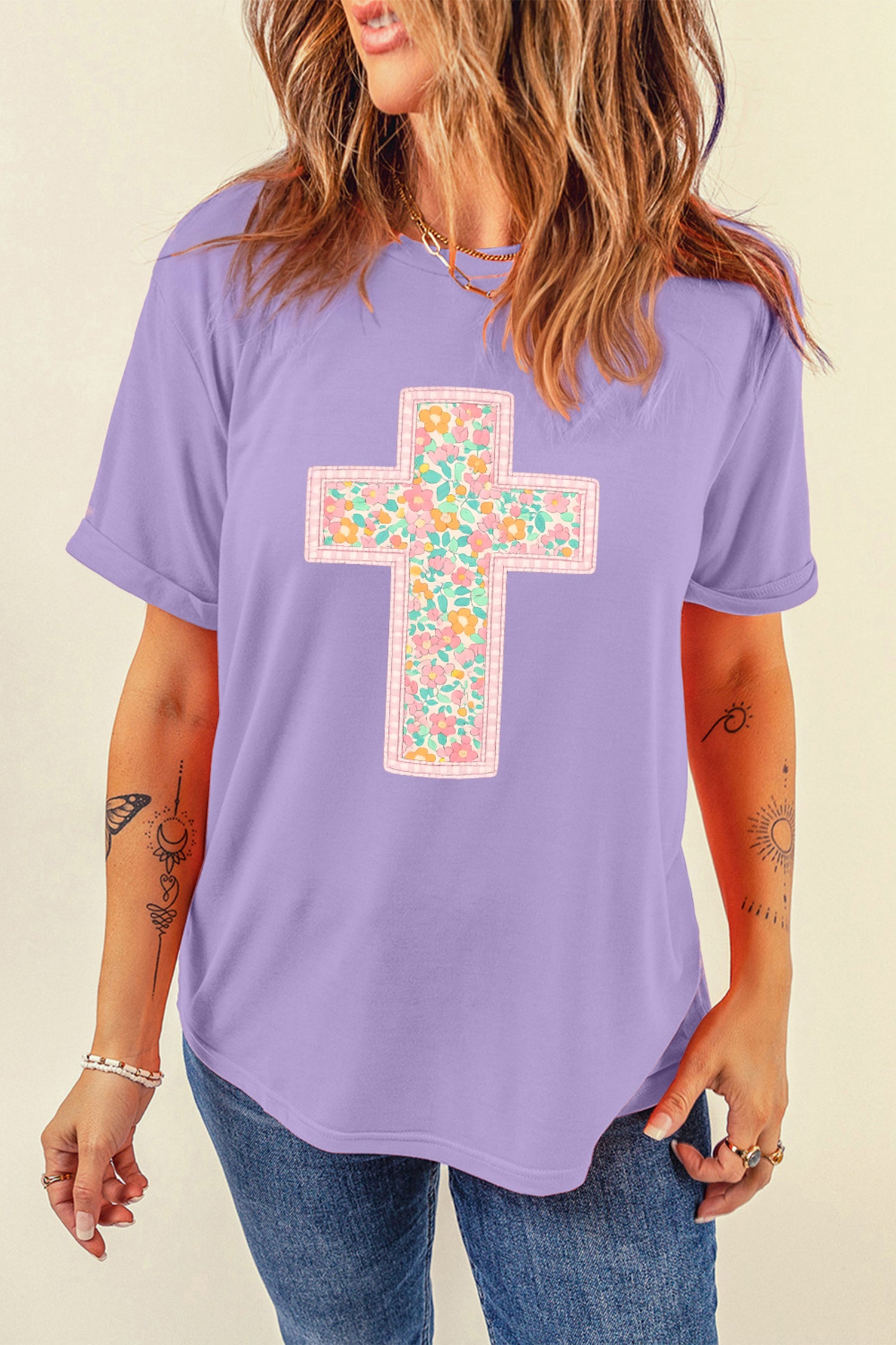 Wisteria Easter Floral Cross Christian Casual Tee-Graphic/Graphic Tees-[Adult]-[Female]-2022 Online Blue Zone Planet