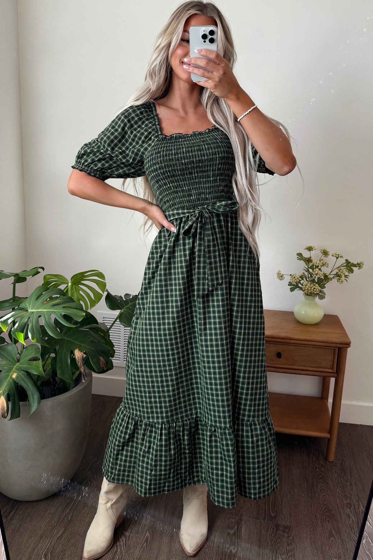 Green Plaid Square Neck Shirred High Waist Ruffle Hem Dress-TOPS / DRESSES-[Adult]-[Female]-2022 Online Blue Zone Planet
