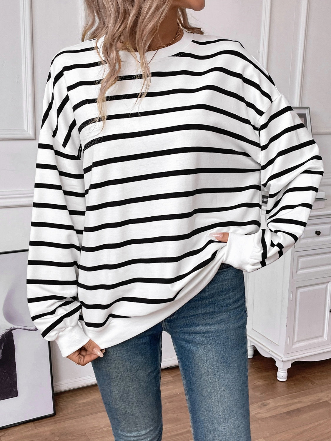 Blue Zone Planet | Lovelet Striped Round Neck Long Sleeve Sweatshirt-TOPS / DRESSES-[Adult]-[Female]-2022 Online Blue Zone Planet