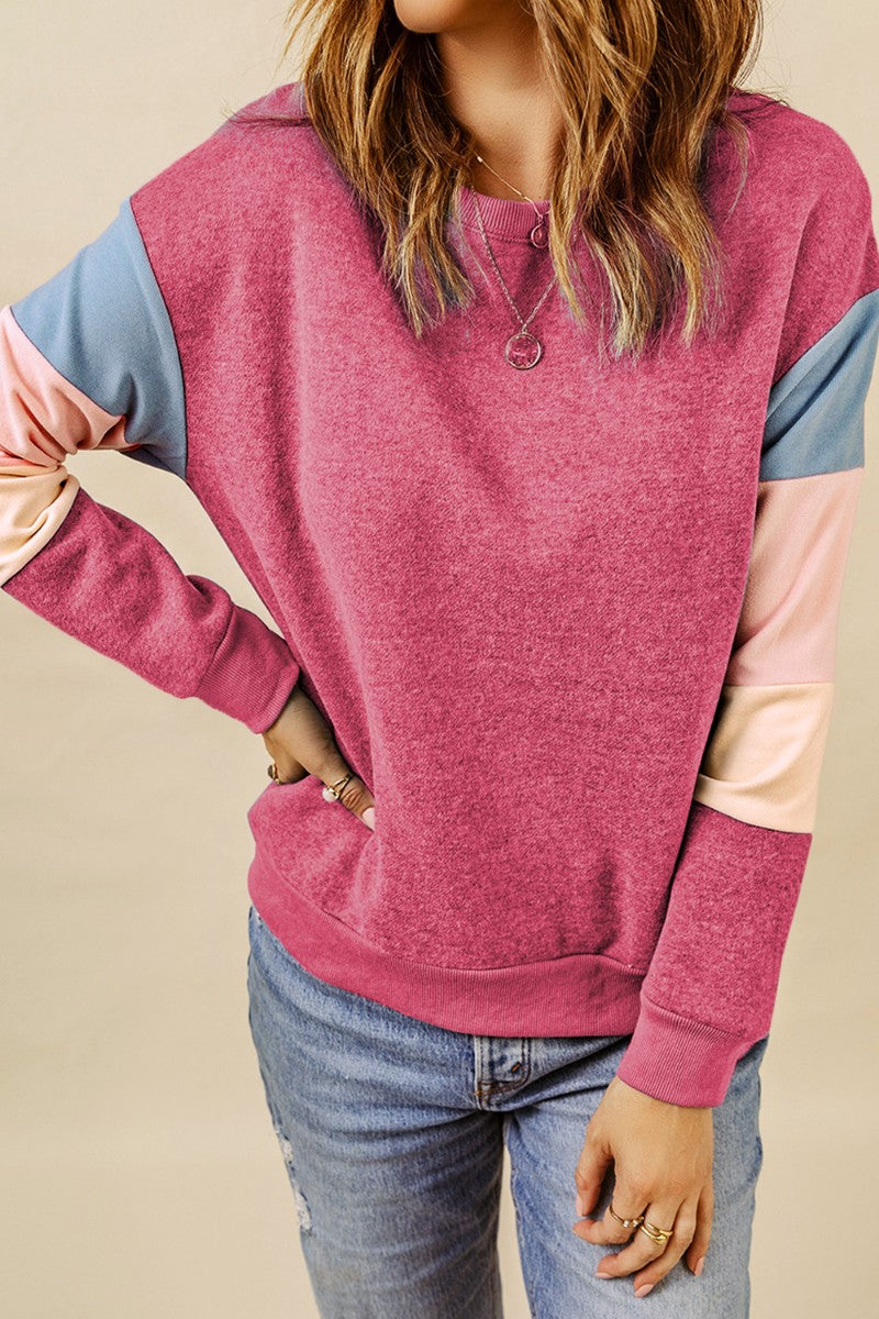 Color Block Round Neck Long Sleeve Sweatshirt-TOPS / DRESSES-[Adult]-[Female]-2022 Online Blue Zone Planet