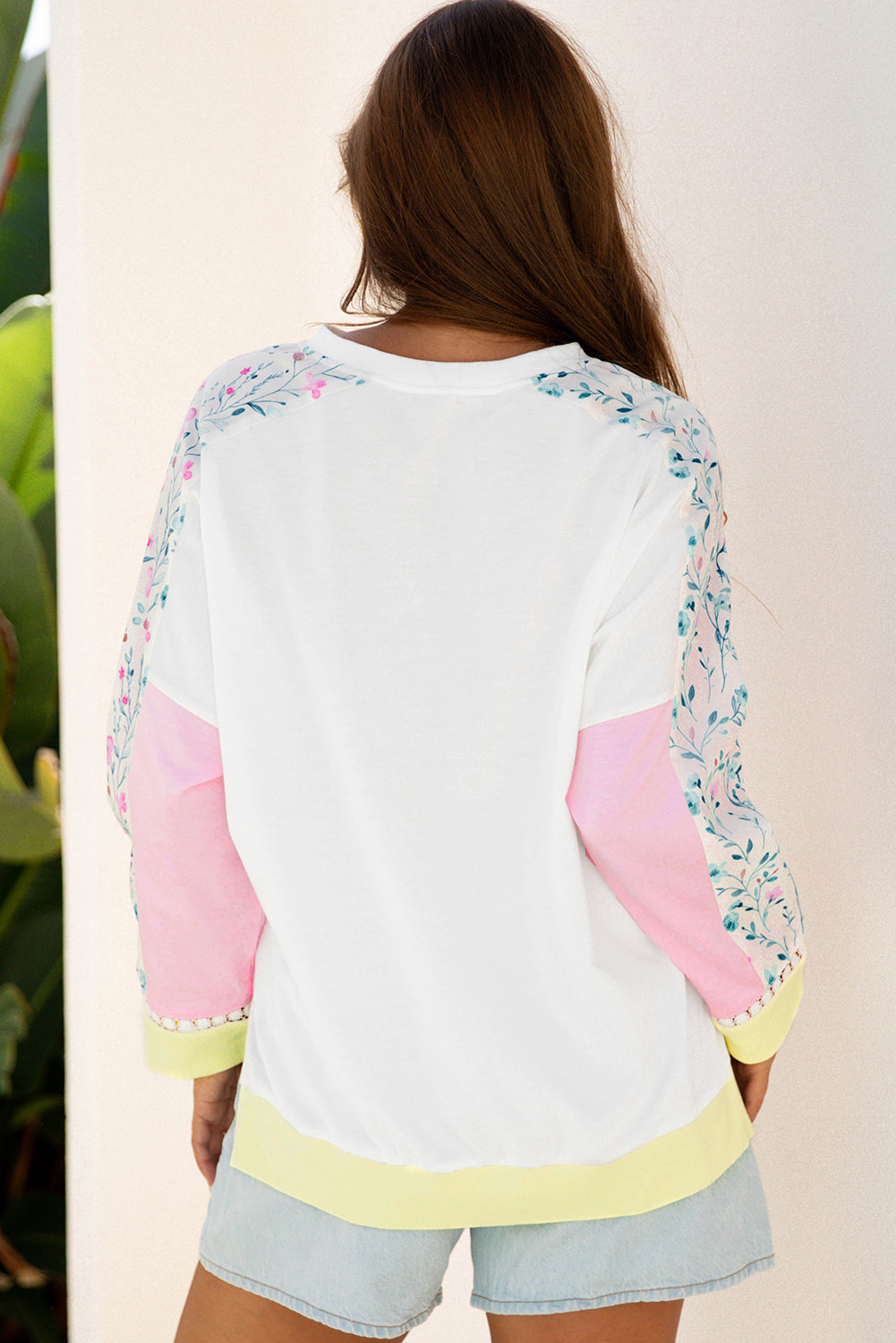 White Floral Colorblock Patchwork Chest Pocket Notched Neck Long Sleeve Top-Tops/Sweatshirts & Hoodies-[Adult]-[Female]-2022 Online Blue Zone Planet