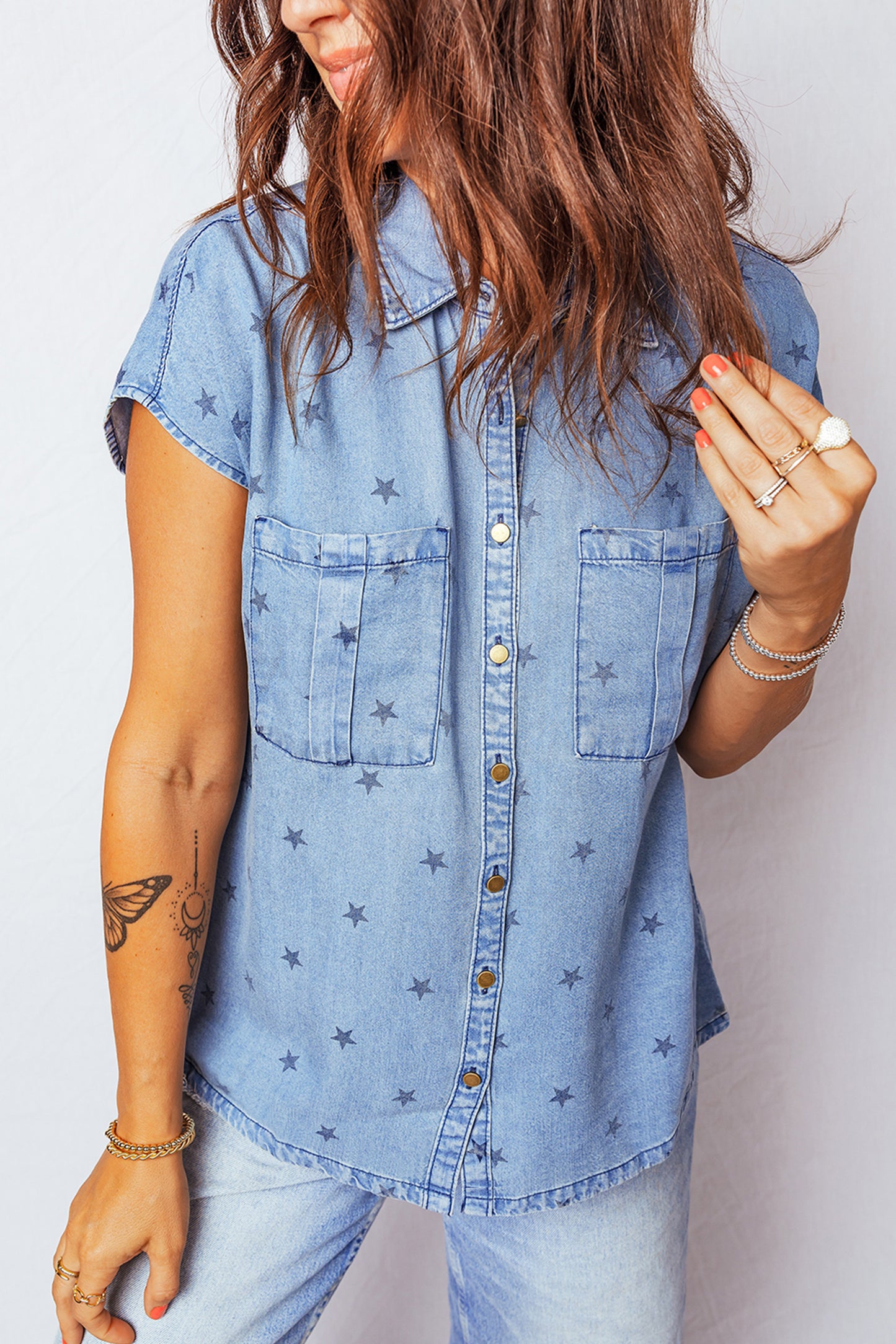 Beau Blue Star Allover Print Double Chest Pocket Short Sleeve Denim Shirt-Tops/Blouses & Shirts-[Adult]-[Female]-2022 Online Blue Zone Planet