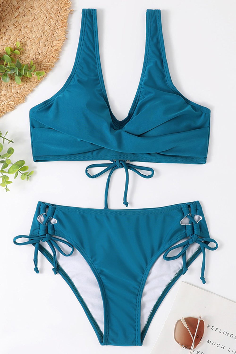 Ruched Lace-Up Wide Strap Two-Piece Bikini Set BLUE ZONE PLANET