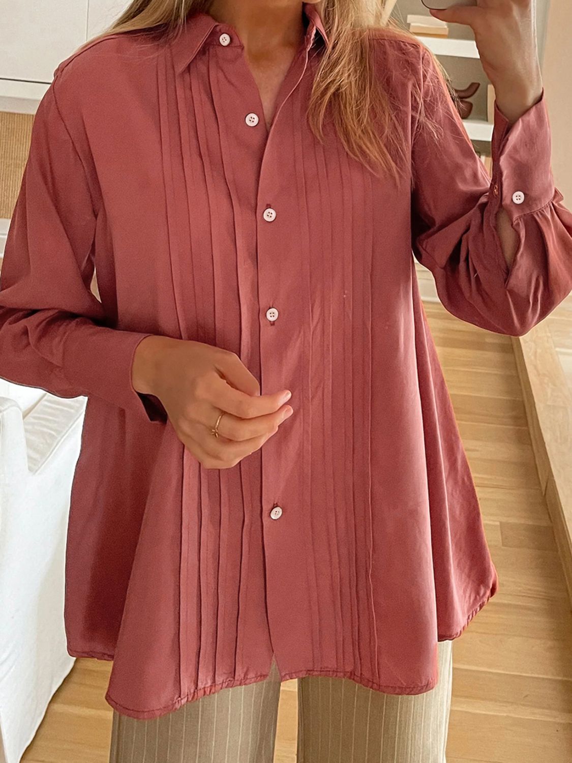 Perfee Ruched Collared Neck Long Sleeve Shirt-TOPS / DRESSES-[Adult]-[Female]-Dusty Pink-S-2022 Online Blue Zone Planet