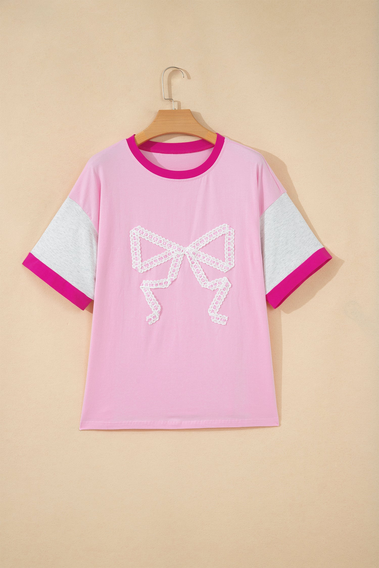 Gossamer Pink Embroidered Bow Detail Color Block Loose Tee-Tops/Tops & Tees-[Adult]-[Female]-2022 Online Blue Zone Planet