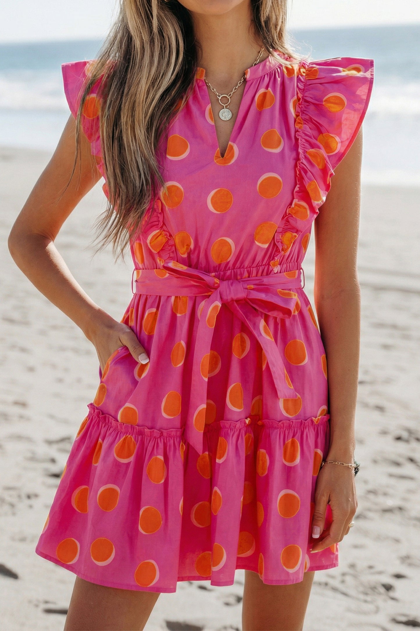 Rose Double Polka Dot V Neck Ruffled Short Sleeve Dress-Dresses/Mini Dresses-[Adult]-[Female]-2022 Online Blue Zone Planet