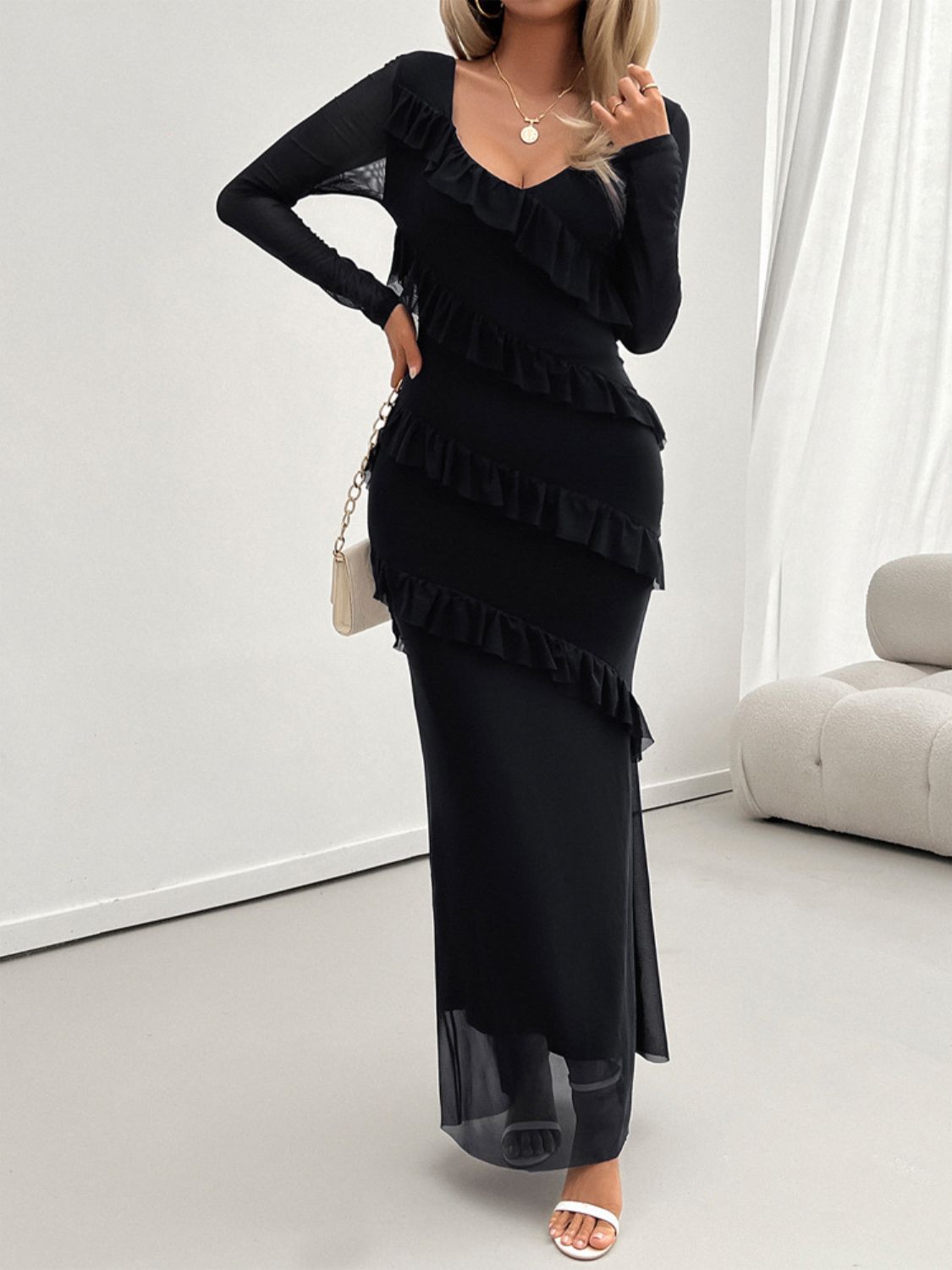 Devine Ruffled Surplice Long Sleeve Maxi Dress-TOPS / DRESSES-[Adult]-[Female]-2022 Online Blue Zone Planet