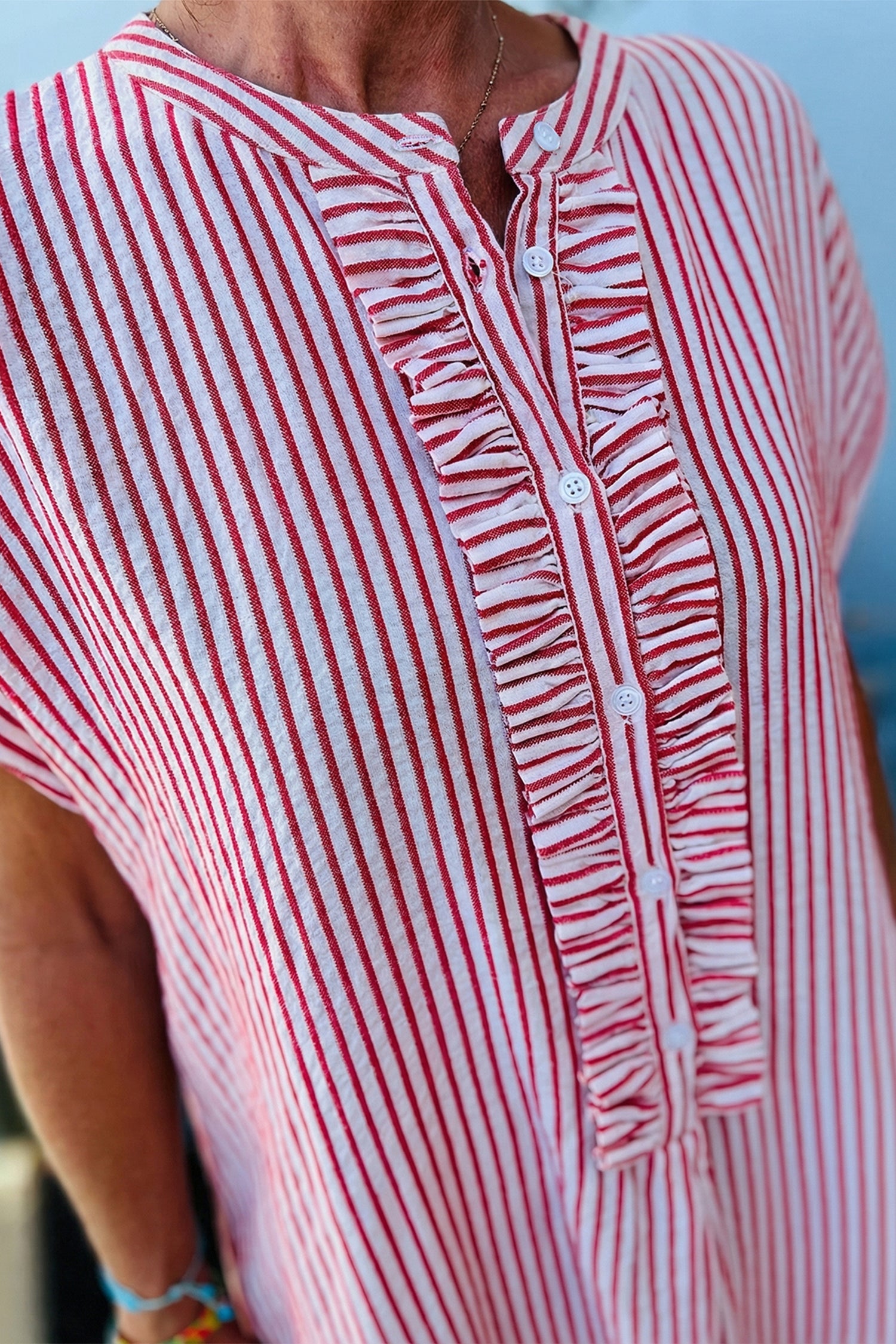 Red Stripe Frilled Detail Half Buttons Short Sleeve Long Dress-Dresses/Maxi Dresses-[Adult]-[Female]-2022 Online Blue Zone Planet