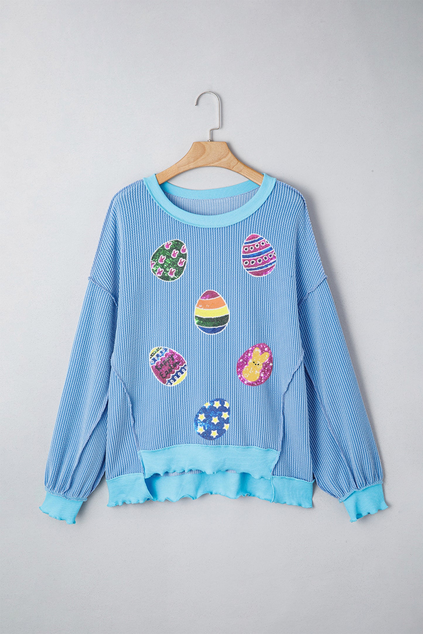 Myosotis Sequin Easter Eggs Twisted Rib Exposed Seam Color Block Top-Graphic/Graphic Long Sleeve Tees-[Adult]-[Female]-2022 Online Blue Zone Planet