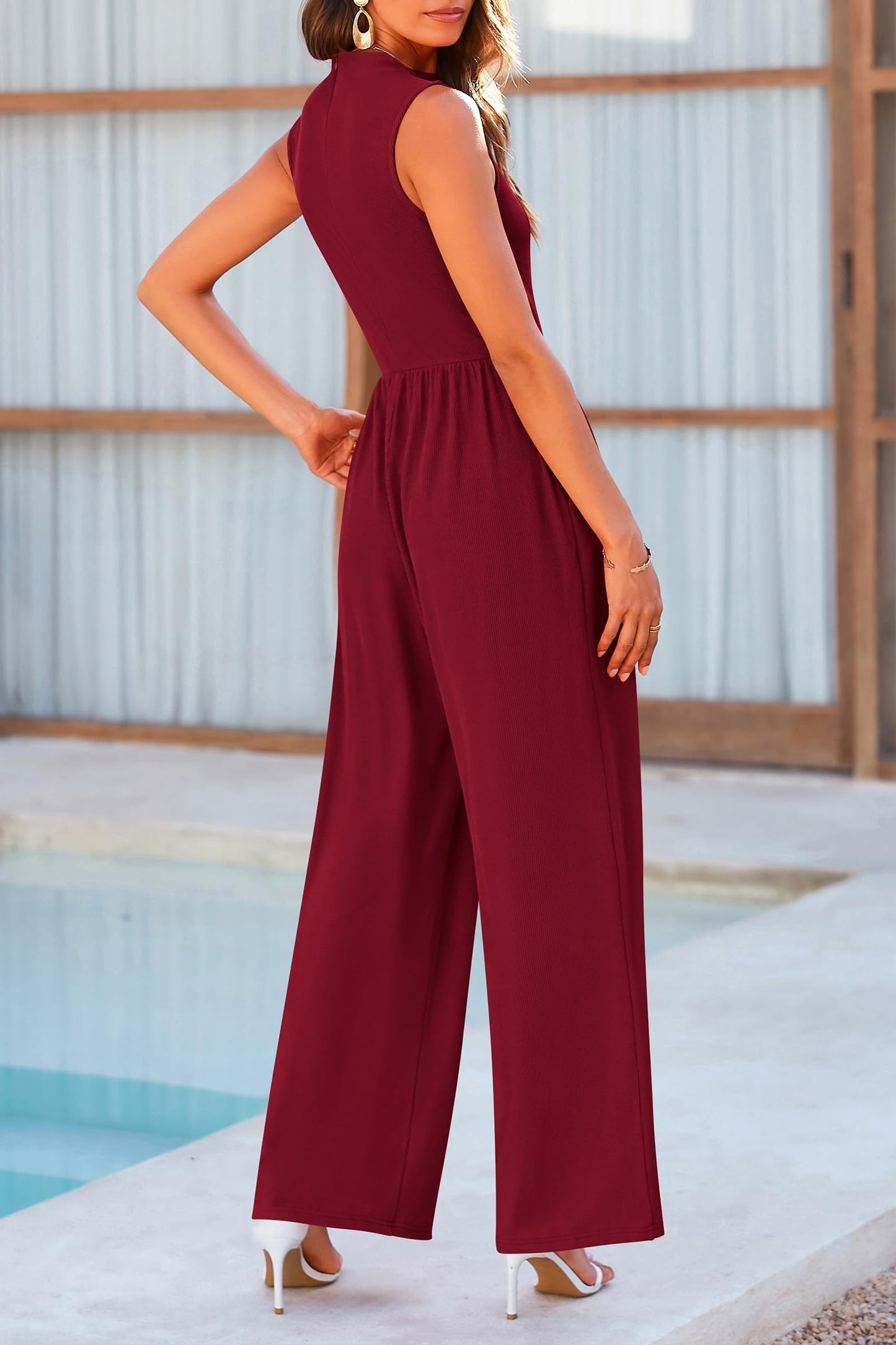 Mock Neck Sleeveless Wide Leg Jumpsuit-TOPS / DRESSES-[Adult]-[Female]-Burgundy-M-2022 Online Blue Zone Planet