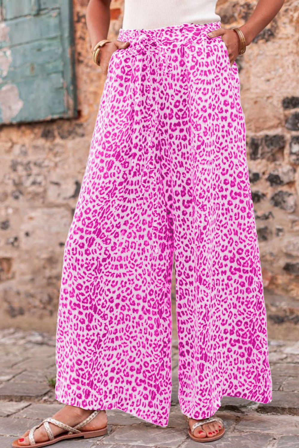 Blue Zone Planet | Leopard Drawstring Wide Leg Pants-TOPS / DRESSES-[Adult]-[Female]-Fuchsia Pink-S-2022 Online Blue Zone Planet