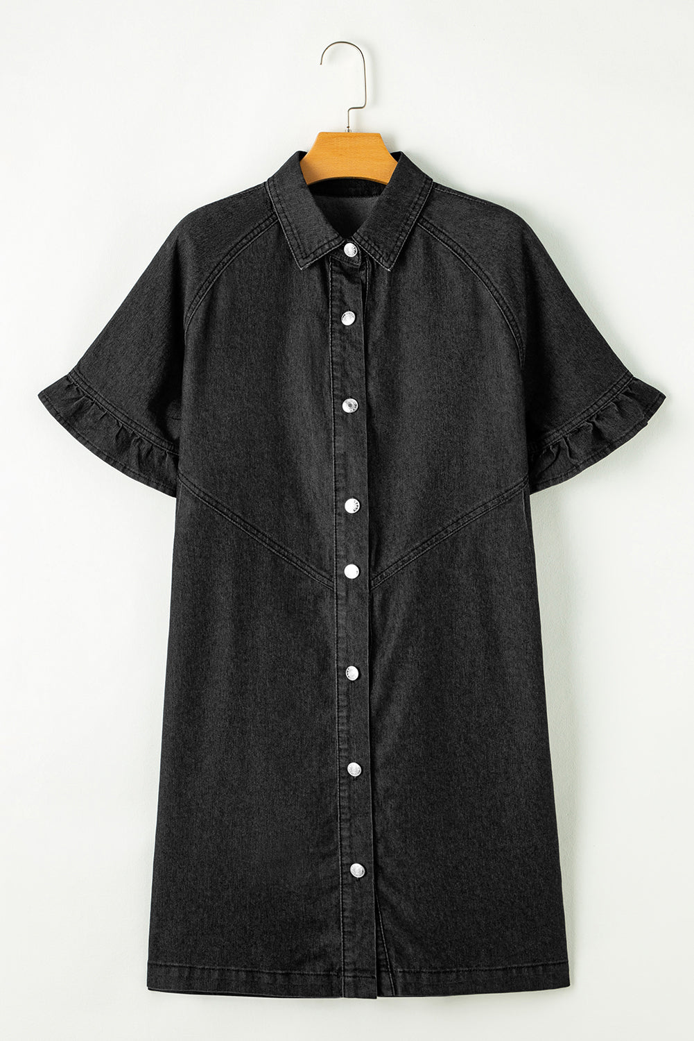 Black Frilled Short Sleeve Button Up Loose Denim Shirt Dress-TOPS / DRESSES-[Adult]-[Female]-2022 Online Blue Zone Planet