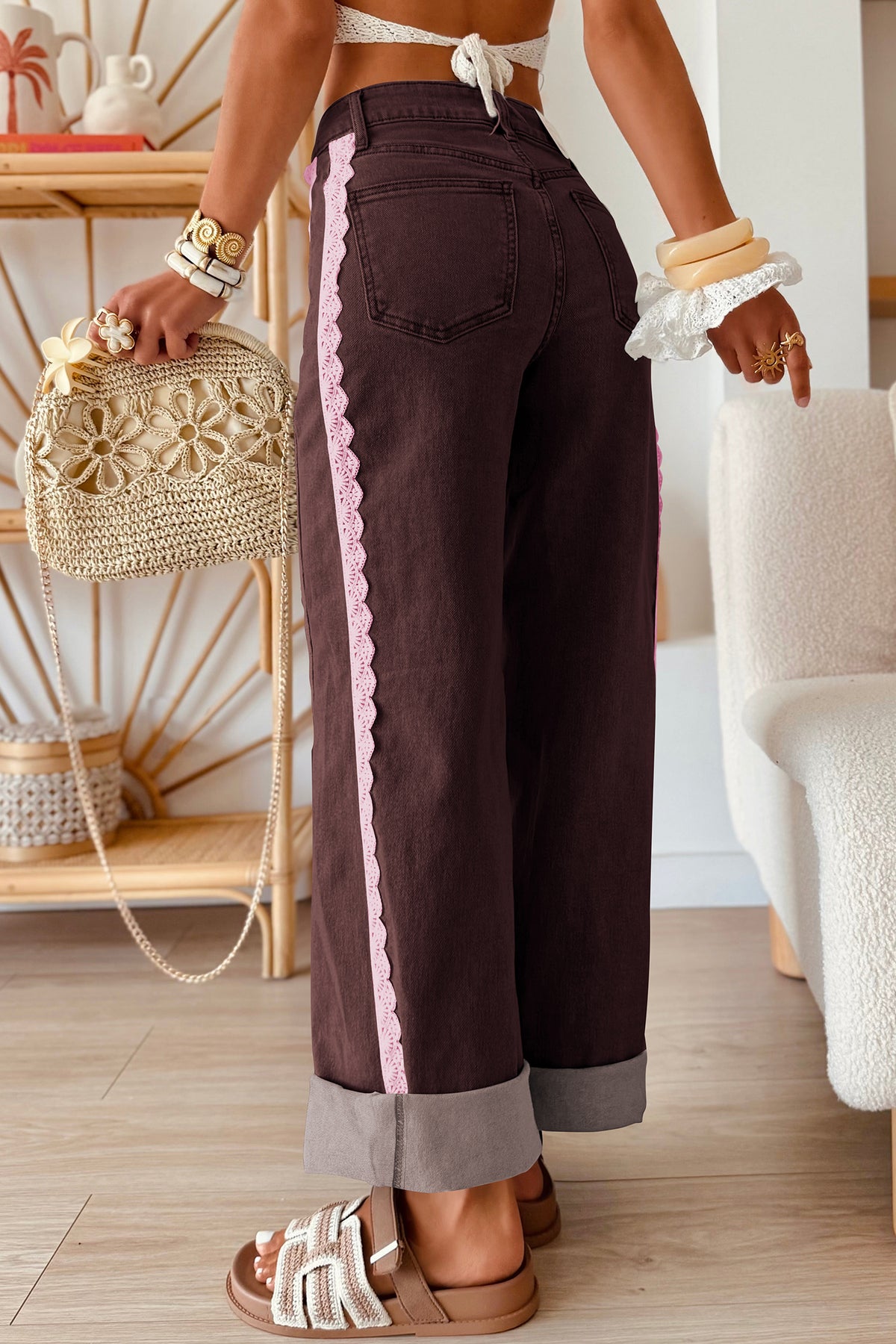 Coffee Lace Trim Casual Full-Length Regular Fit Jeans-Bottoms/Jeans-[Adult]-[Female]-2022 Online Blue Zone Planet