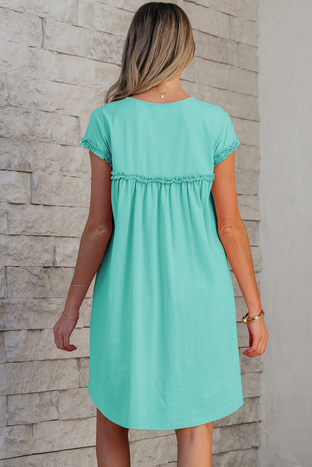 Mint Green Frilled Trim Crew Neck Loose Fit Mini Dress-TOPS / DRESSES-[Adult]-[Female]-2022 Online Blue Zone Planet
