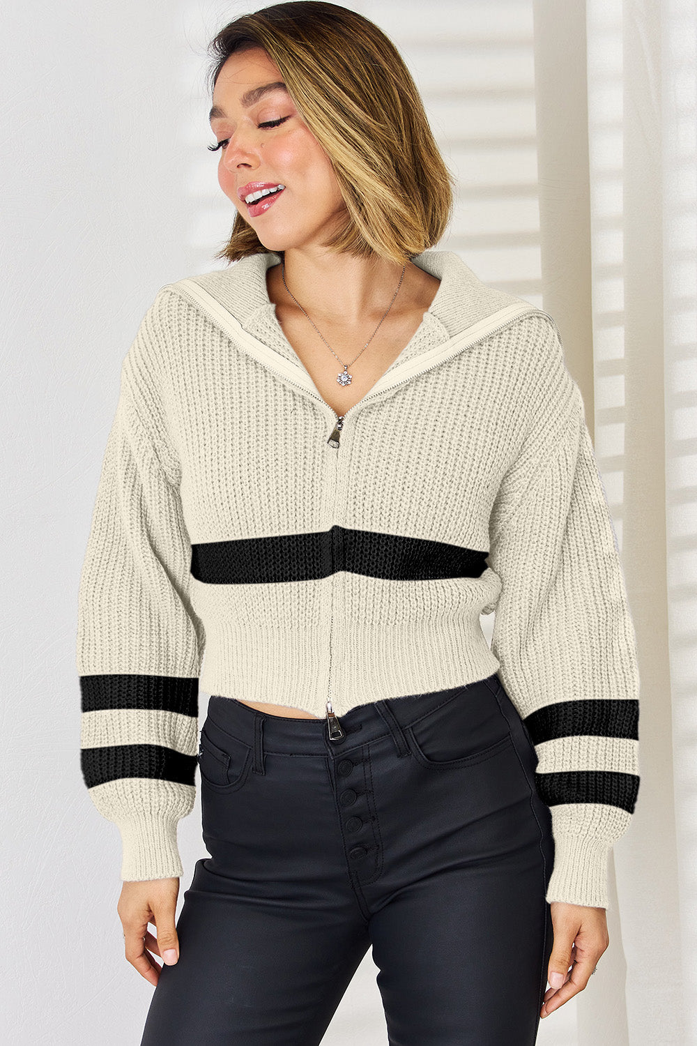 Striped Zip Up Dropped Shoulder Cardigan-TOPS / DRESSES-[Adult]-[Female]-2022 Online Blue Zone Planet