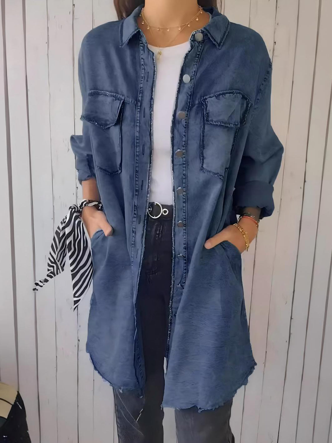 Full Size Raw Hem Button Up Long Sleeve Denim Top Plus Size-TOPS / DRESSES-[Adult]-[Female]-Medium-S-2022 Online Blue Zone Planet