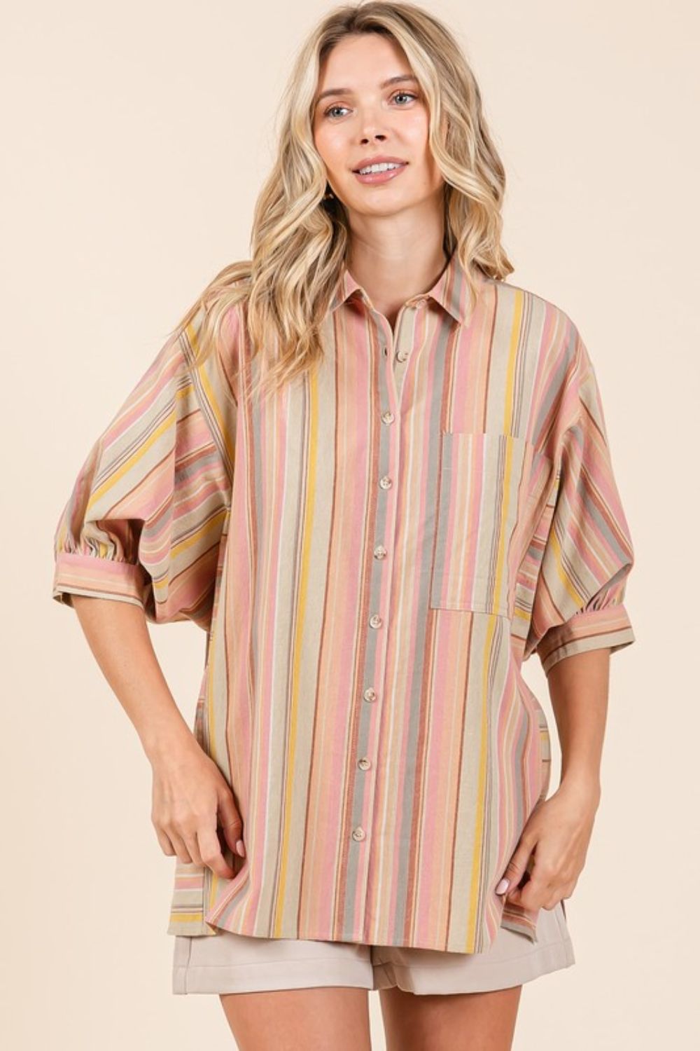 Mittoshop Striped Bubble Sleeve Button Down Shirt-TOPS / DRESSES-[Adult]-[Female]-2022 Online Blue Zone Planet
