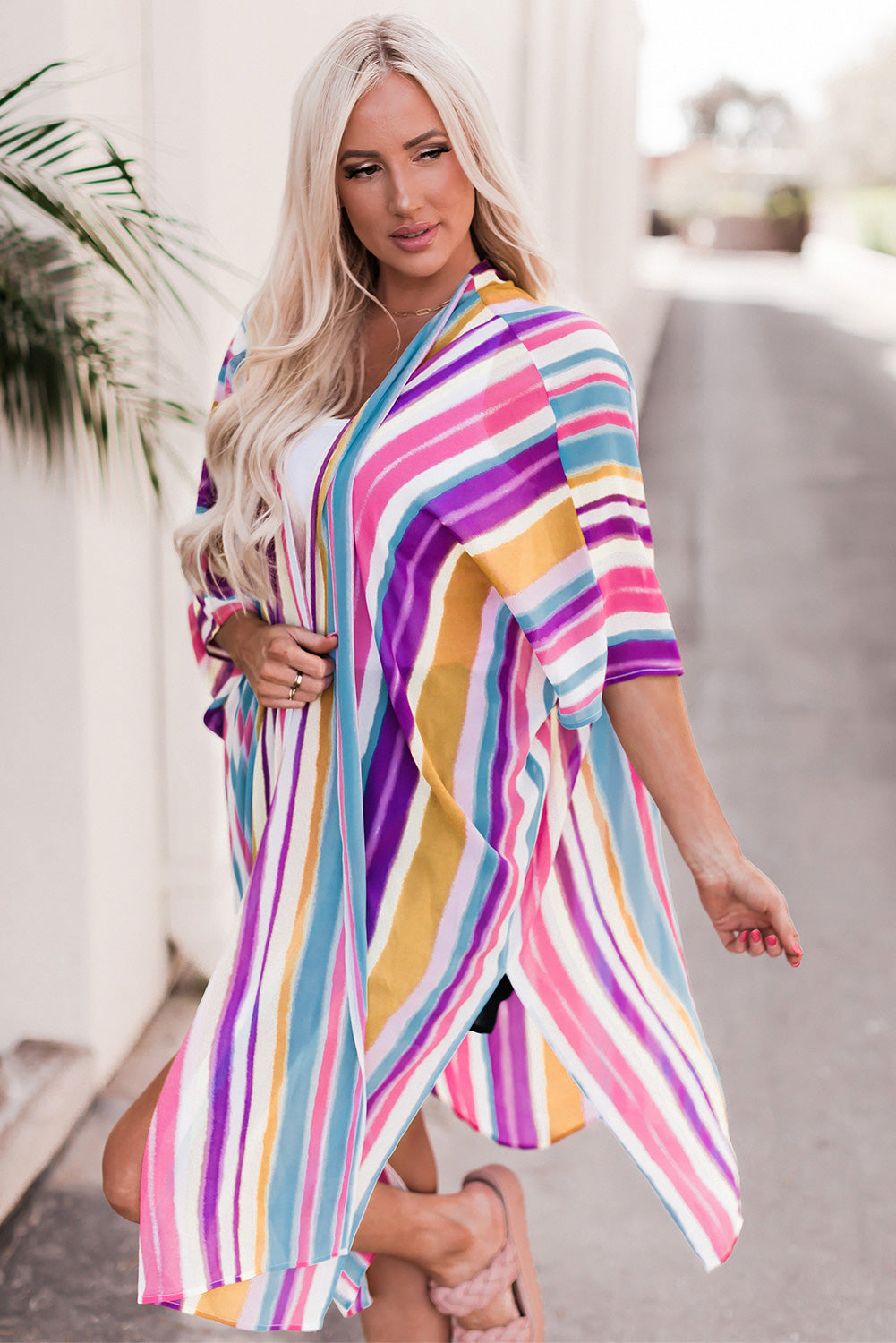 Striped Side Slit Open Front Cardigan-TOPS / DRESSES-[Adult]-[Female]-Multicolor-One Size-2022 Online Blue Zone Planet