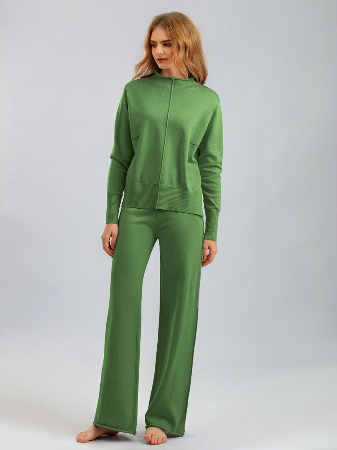 Blue Zone Planet | Basic Bae Mock Neck Long Sleeve Top and Pants Sweater Set-TOPS / DRESSES-[Adult]-[Female]-Green-One Size-2022 Online Blue Zone Planet