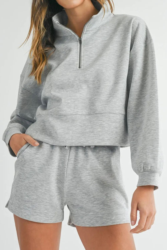 Half Zip Long Sleeve Top and Drawstring Shorts Set-TOPS / DRESSES-[Adult]-[Female]-Gray-S-2022 Online Blue Zone Planet