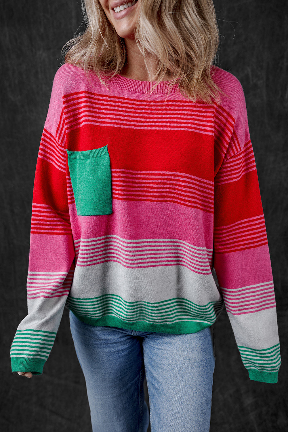 Blue Zone Planet | Rose Striped Knit Patch Pocket Drop Shoulder Sweater-Sweaters & Cardigans/Sweaters-[Adult]-[Female]-Rose-S-2022 Online Blue Zone Planet