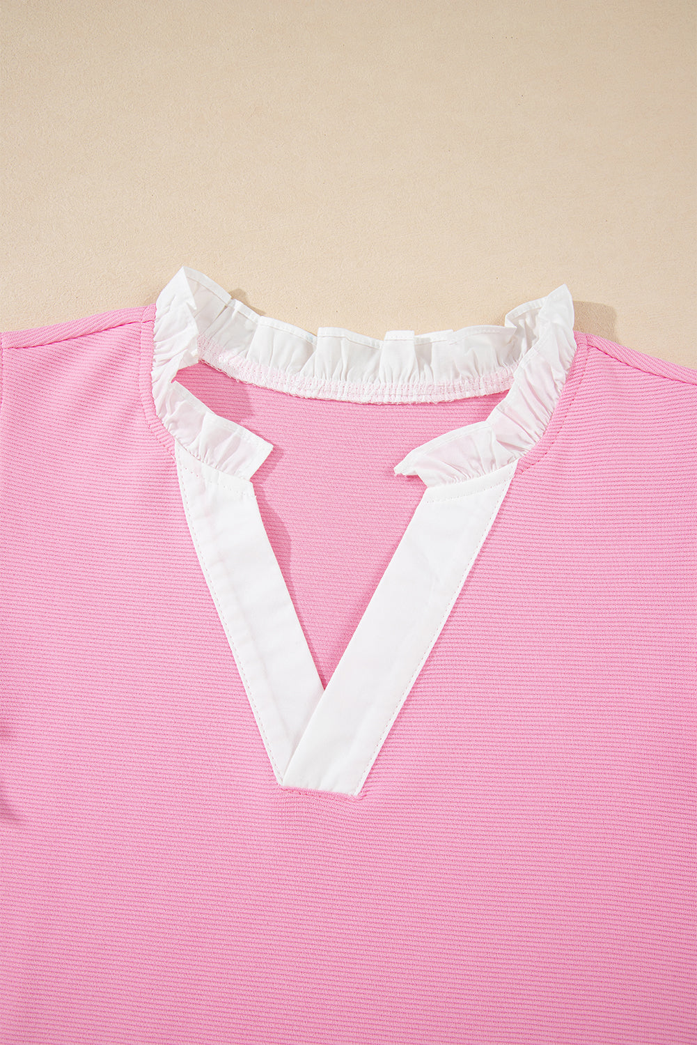 Pink Contrast V Neck Ruffled Textured Knit Top-Tops/Blouses & Shirts-[Adult]-[Female]-2022 Online Blue Zone Planet