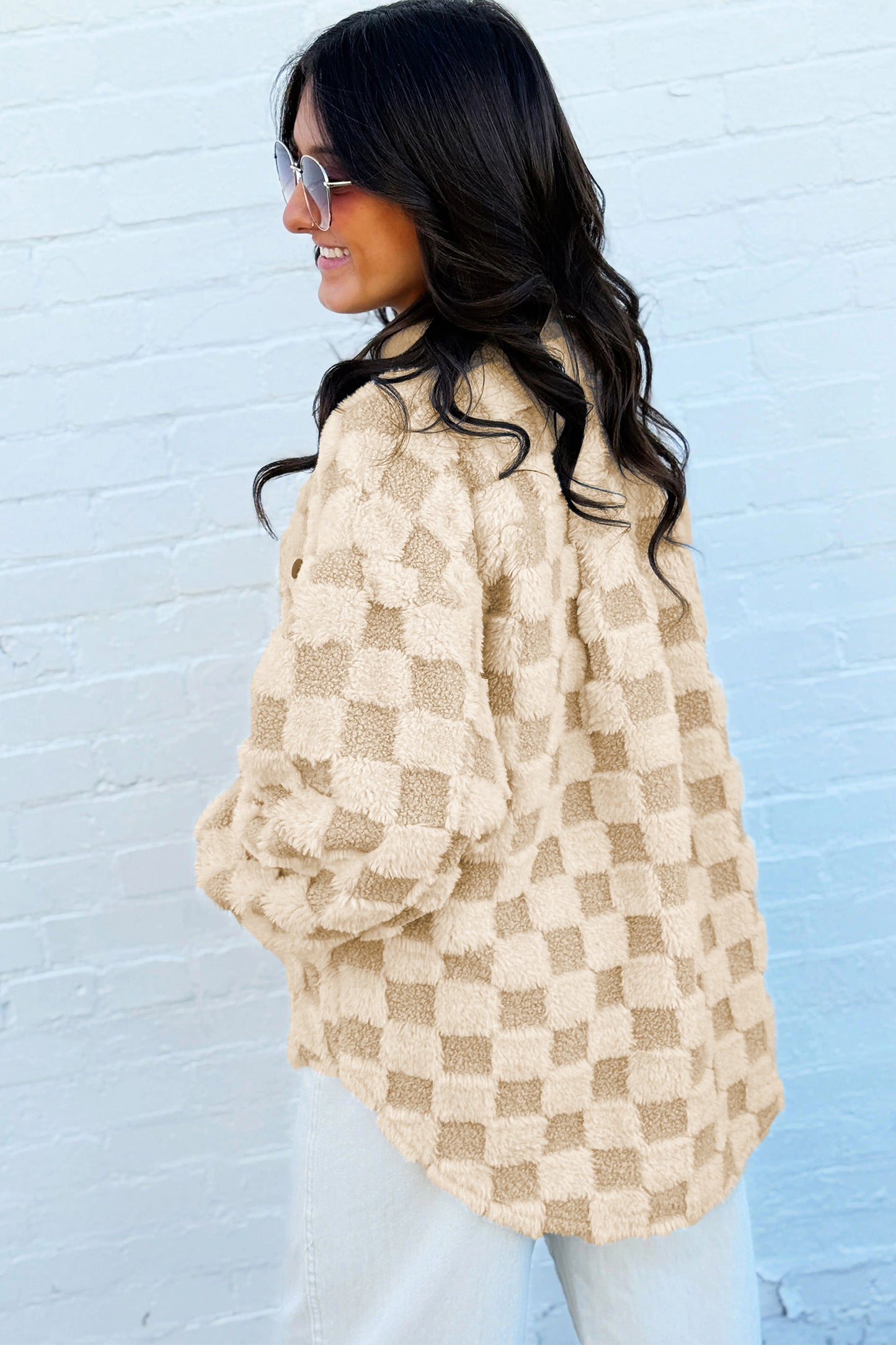 Khaki Plush Checkered Corduroy Trim Metal Button Long Sleeve Shift Silhouette Shacket-Outerwear/Jackets-[Adult]-[Female]-2022 Online Blue Zone Planet