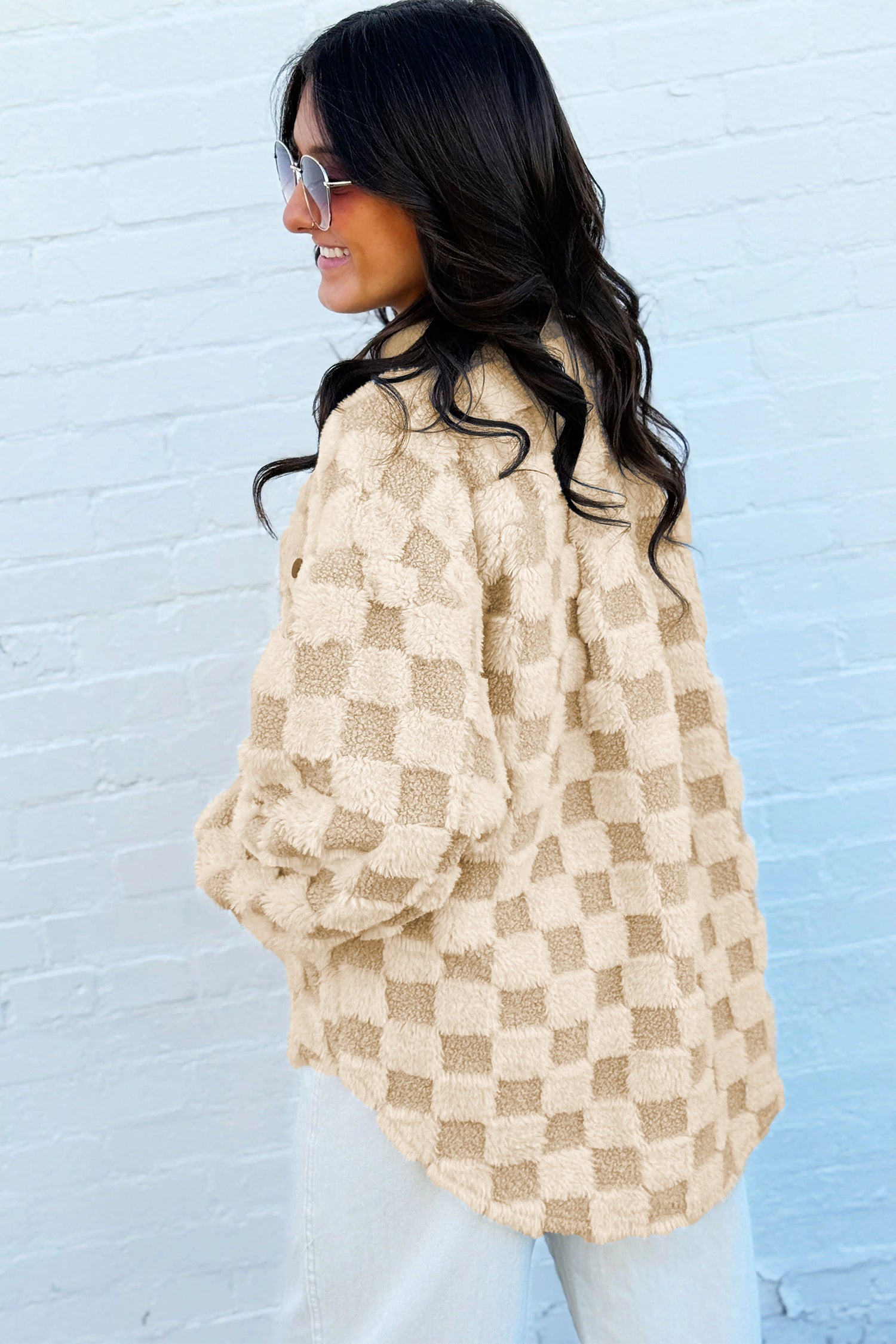 Khaki Plush Checkered Corduroy Trim Metal Button Long Sleeve Shift Silhouette Shacket-Outerwear/Jackets-[Adult]-[Female]-2022 Online Blue Zone Planet
