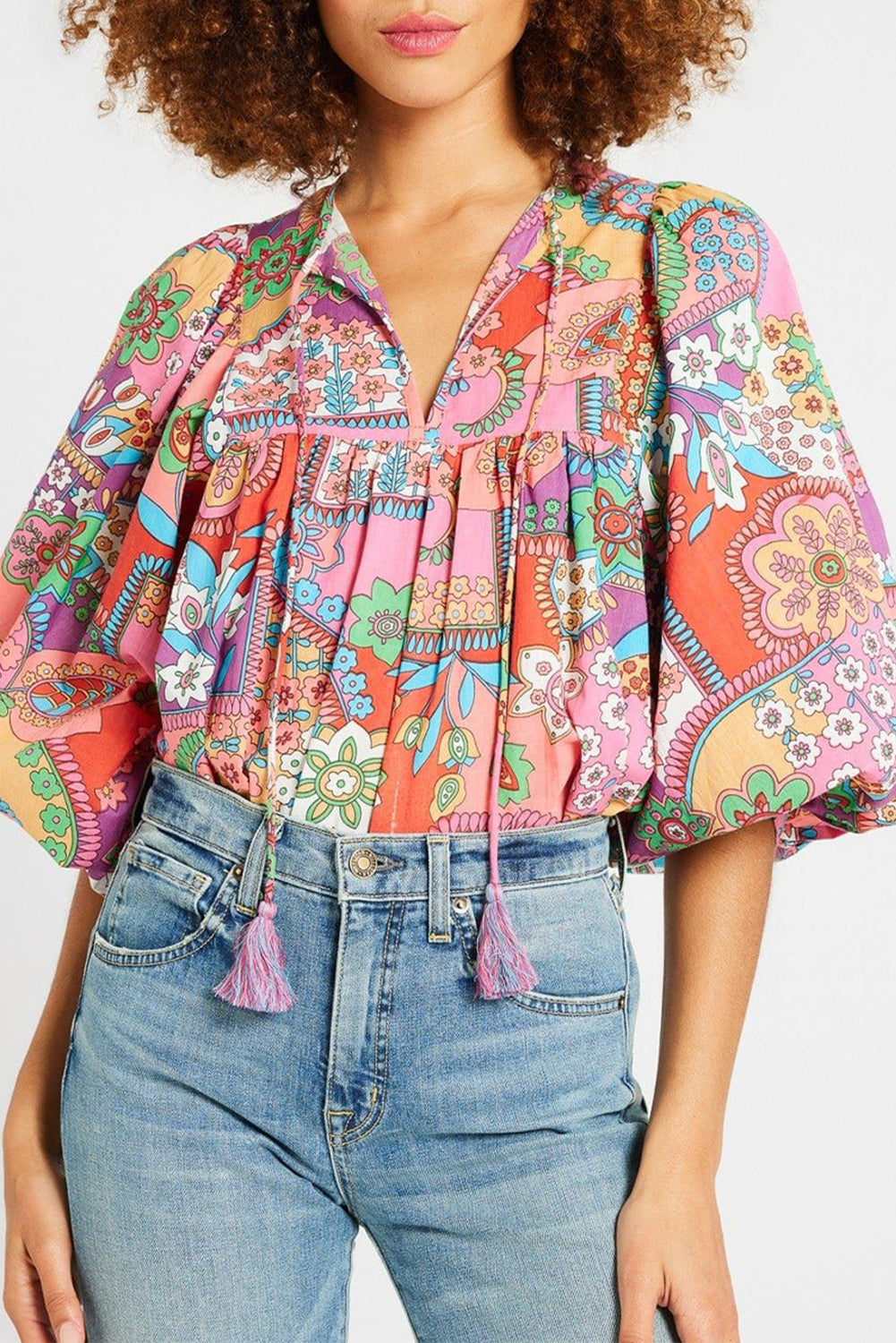 Multicolour Boho Floral Bubble Sleeve Tassel Tied Neck Pleated Blouse-Tops/Blouses & Shirts-[Adult]-[Female]-Multicolour-S-2022 Online Blue Zone Planet