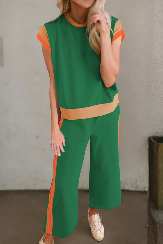 Dark Green Color Block Detail Casual Two-piece Set-Two Piece Sets/Pant Sets-[Adult]-[Female]-Dark Green-S-2022 Online Blue Zone Planet