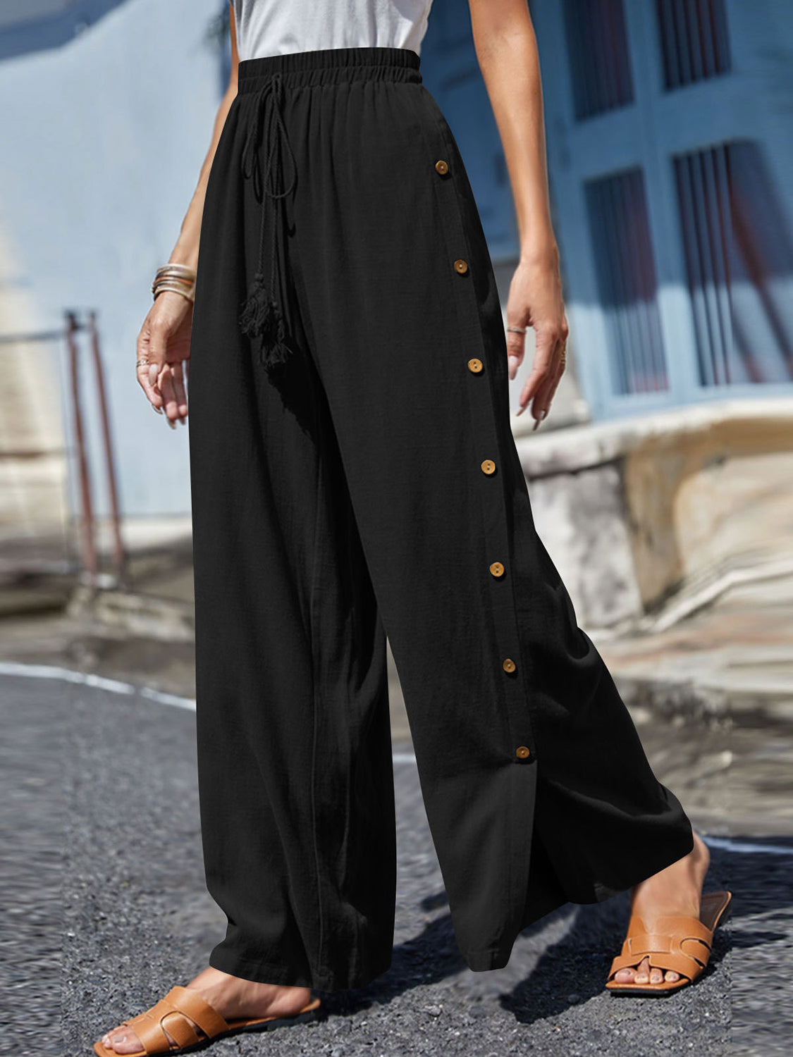 Blue Zone Planet | Full Size Tassel Wide Leg Pants-BOTTOMS SIZES SMALL MEDIUM LARGE-[Adult]-[Female]-Black-S-2022 Online Blue Zone Planet