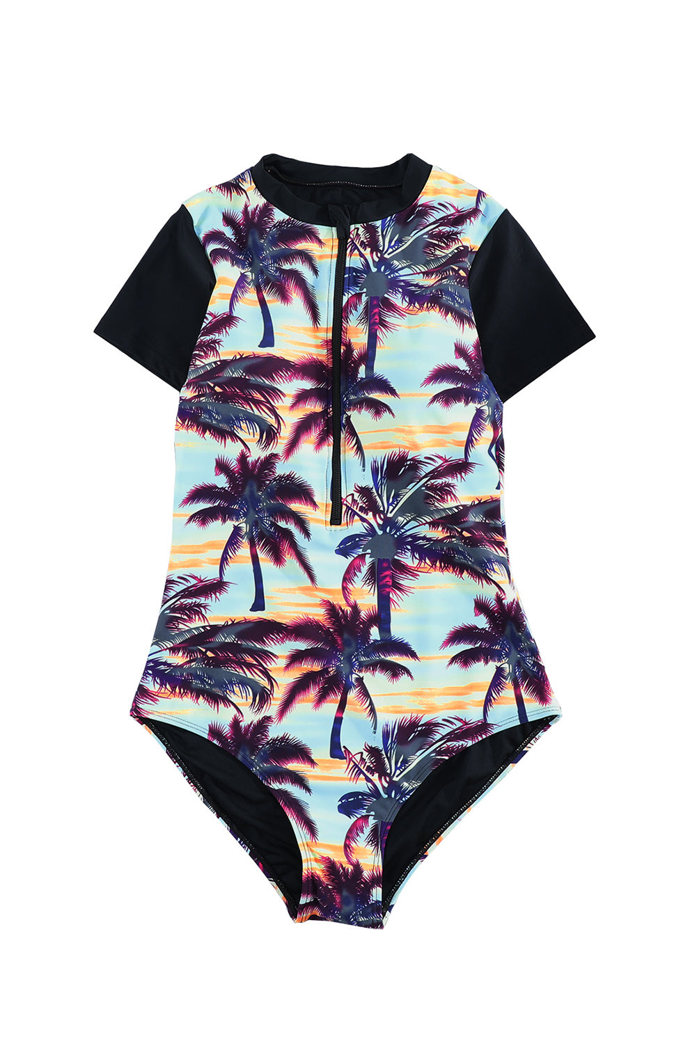 Blue Zone Planet |  Beach Sunset Zip Front Half Sleeve One Piece Swimsuit Blue Zone Planet