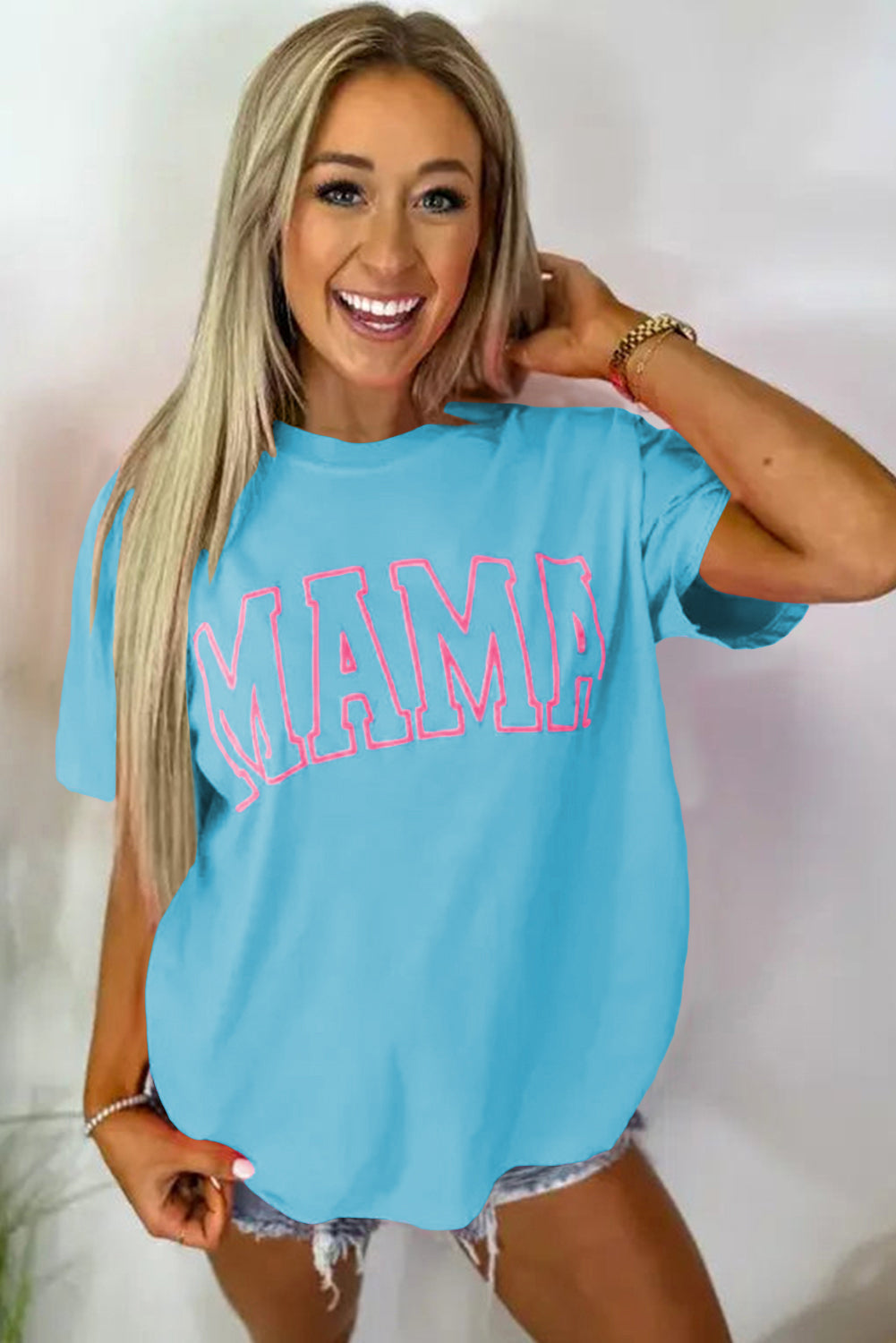 Light Blue Mama Letter Graphic Neon T Shirt-Tops/Tops & Tees-[Adult]-[Female]-2022 Online Blue Zone Planet