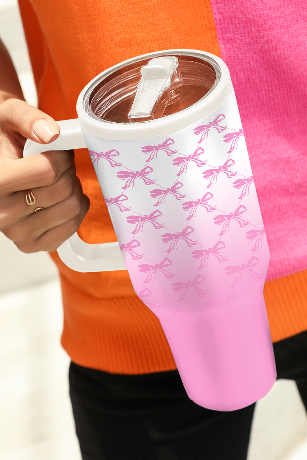 Pink Gradient Bow Print Tumbler Cup-Cups-[Adult]-[Female]-Pink-ONE SIZE-2022 Online Blue Zone Planet