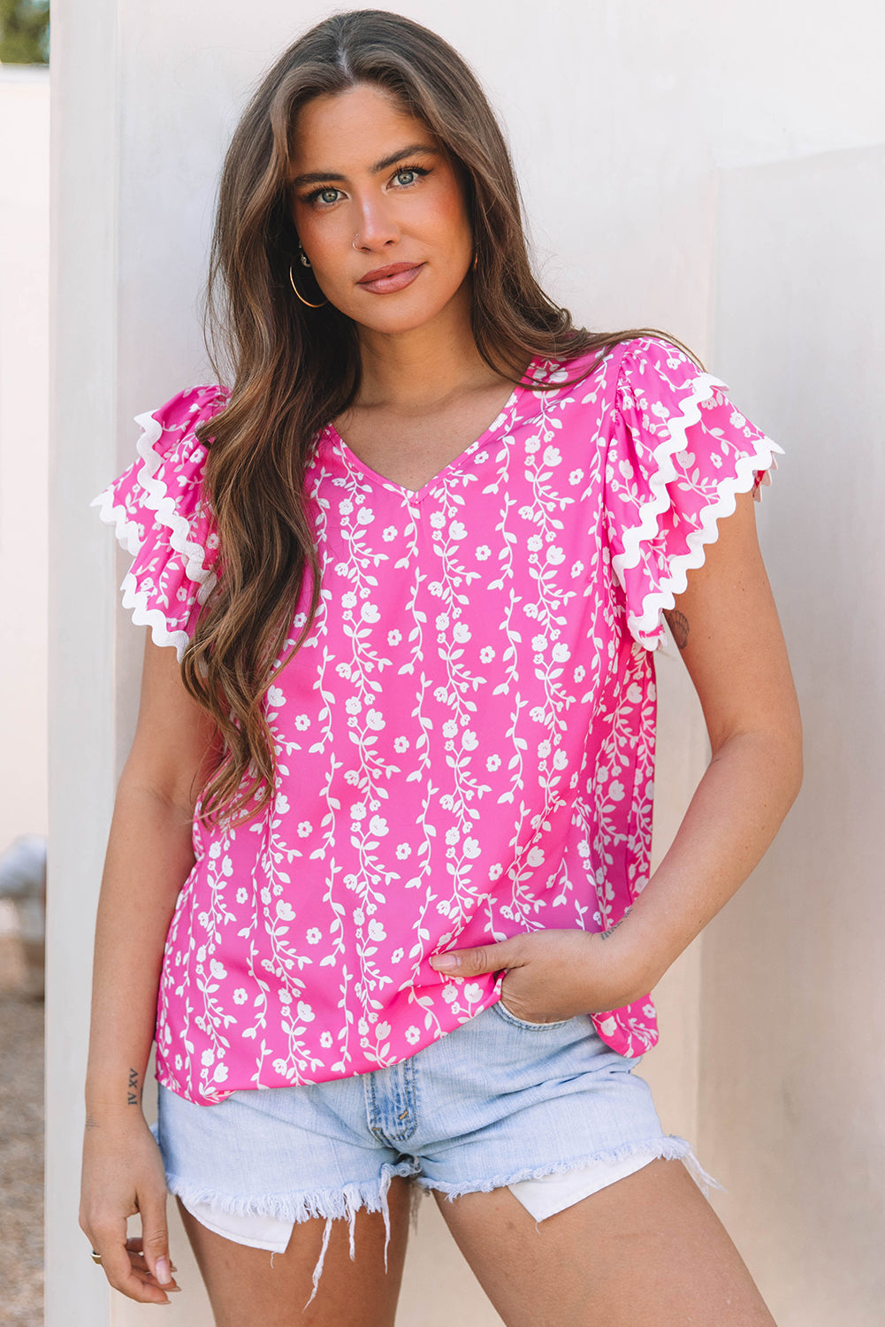 Pink Floral Print Ric-Rac Tiered Ruffled V Neck Blouse-Tops/Blouses & Shirts-[Adult]-[Female]-Pink-S-2022 Online Blue Zone Planet