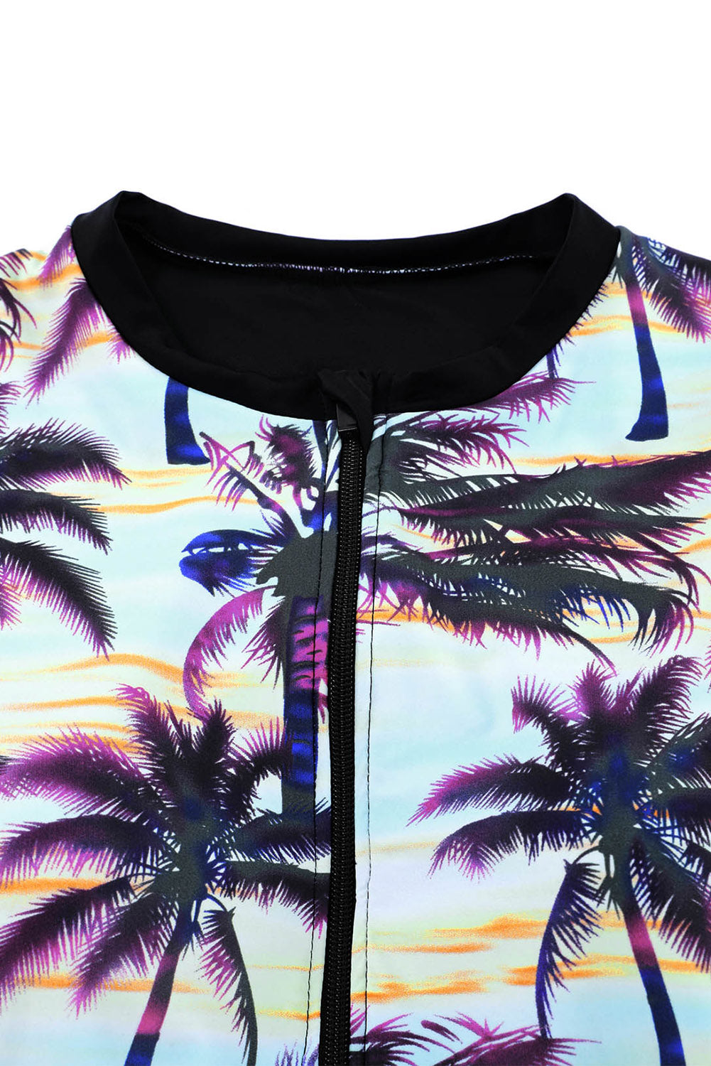 Blue Plant Print Zip Front Half Sleeve One Piece Swimsuit-One-Piece-[Adult]-[Female]-2022 Online Blue Zone Planet