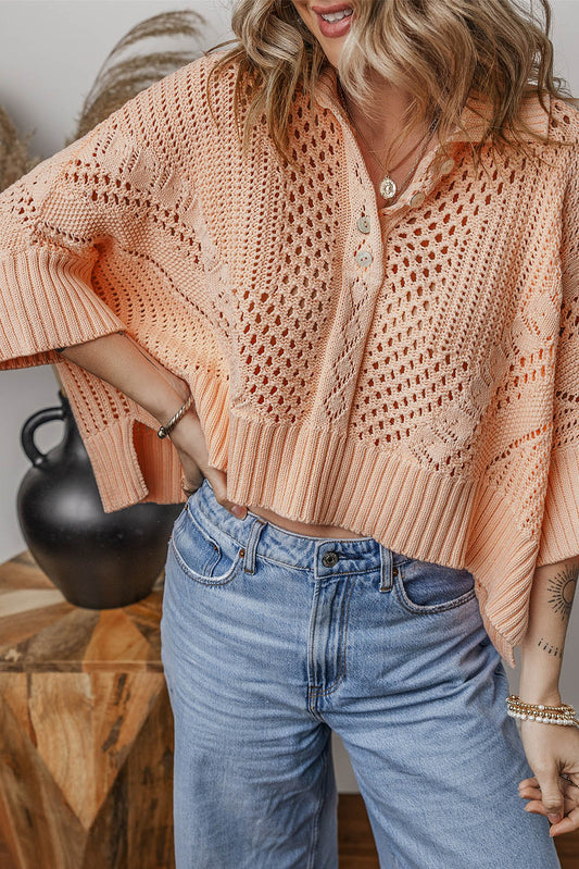 Blue Zone Planet | Apricot Pink Hollowed Knit 3/4 Dolman Sleeve Buttoned Collared Sweater-Sweaters & Cardigans/Cardigans-[Adult]-[Female]-Apricot Pink-S-2022 Online Blue Zone Planet