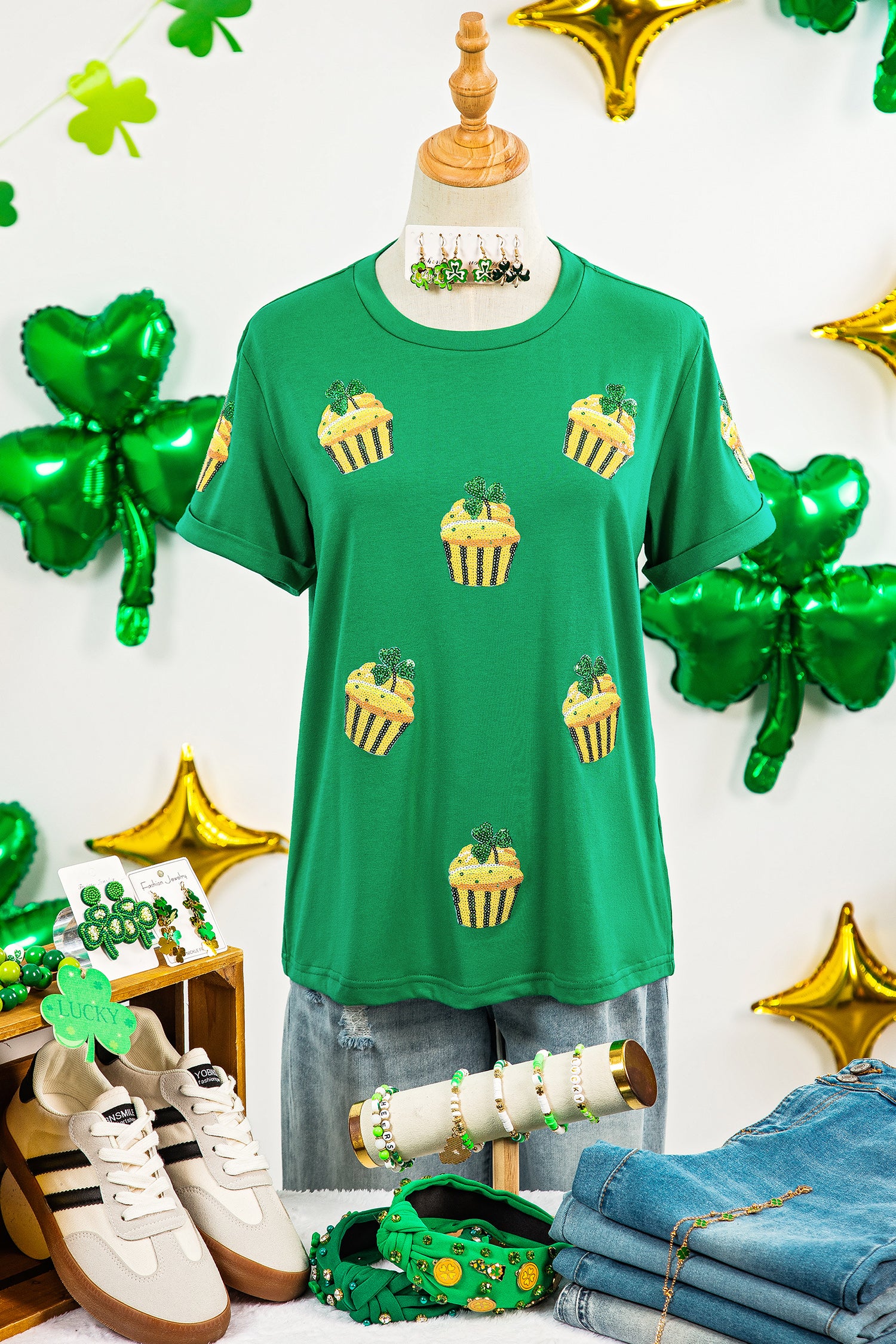 Bright Green St Patricks Day Sequin Cupcake Graphic T Shirt-Graphic/Graphic Tees-[Adult]-[Female]-2022 Online Blue Zone Planet