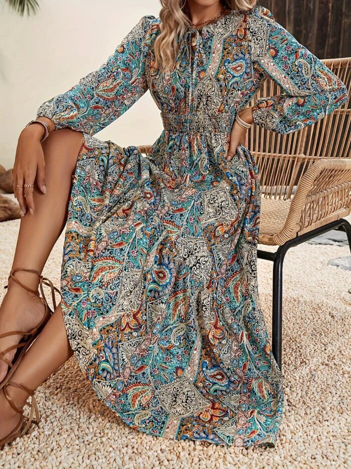 Blue Zone Planet | Printed Tie Neck Long Sleeve Maxi Dress-TOPS / DRESSES-[Adult]-[Female]-2022 Online Blue Zone Planet