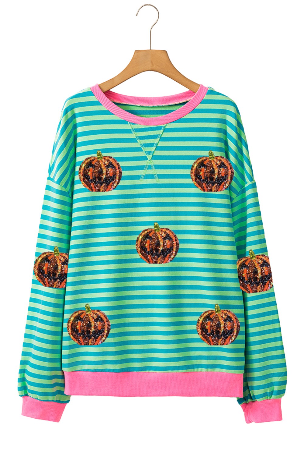 Pumpkin Striped Round Neck Long Sleeve Sweatshirt-TOPS / DRESSES-[Adult]-[Female]-2022 Online Blue Zone Planet